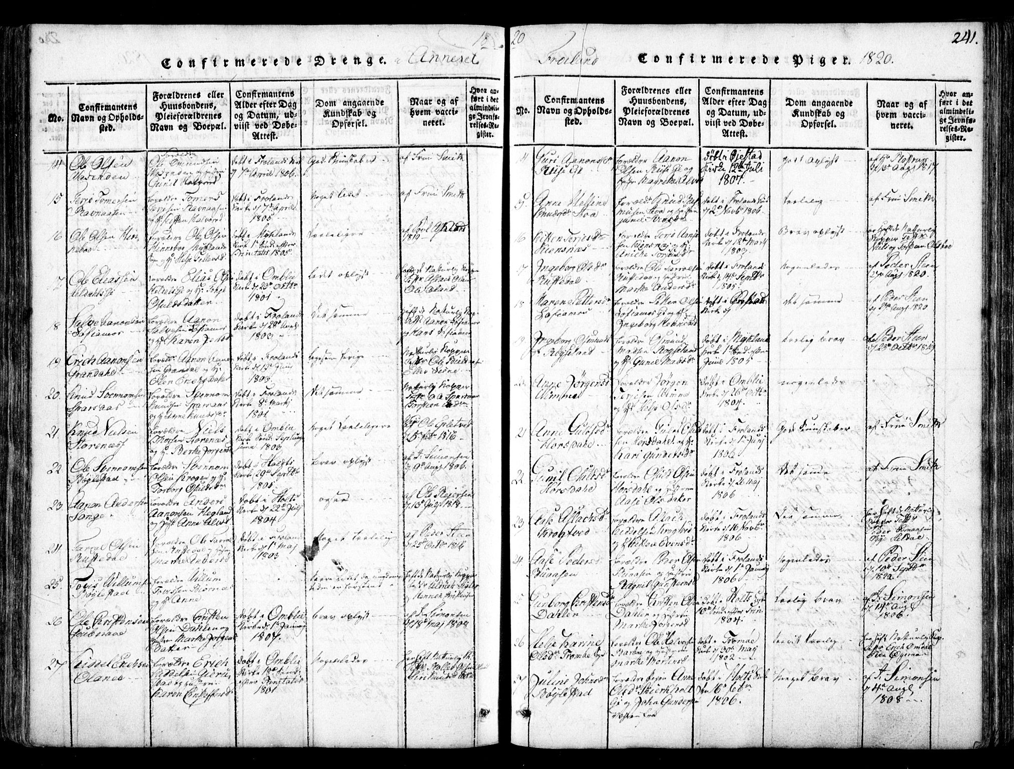 Fjære sokneprestkontor, SAK/1111-0011/F/Fb/L0007: Parish register (copy) no. B 7, 1816-1826, p. 241