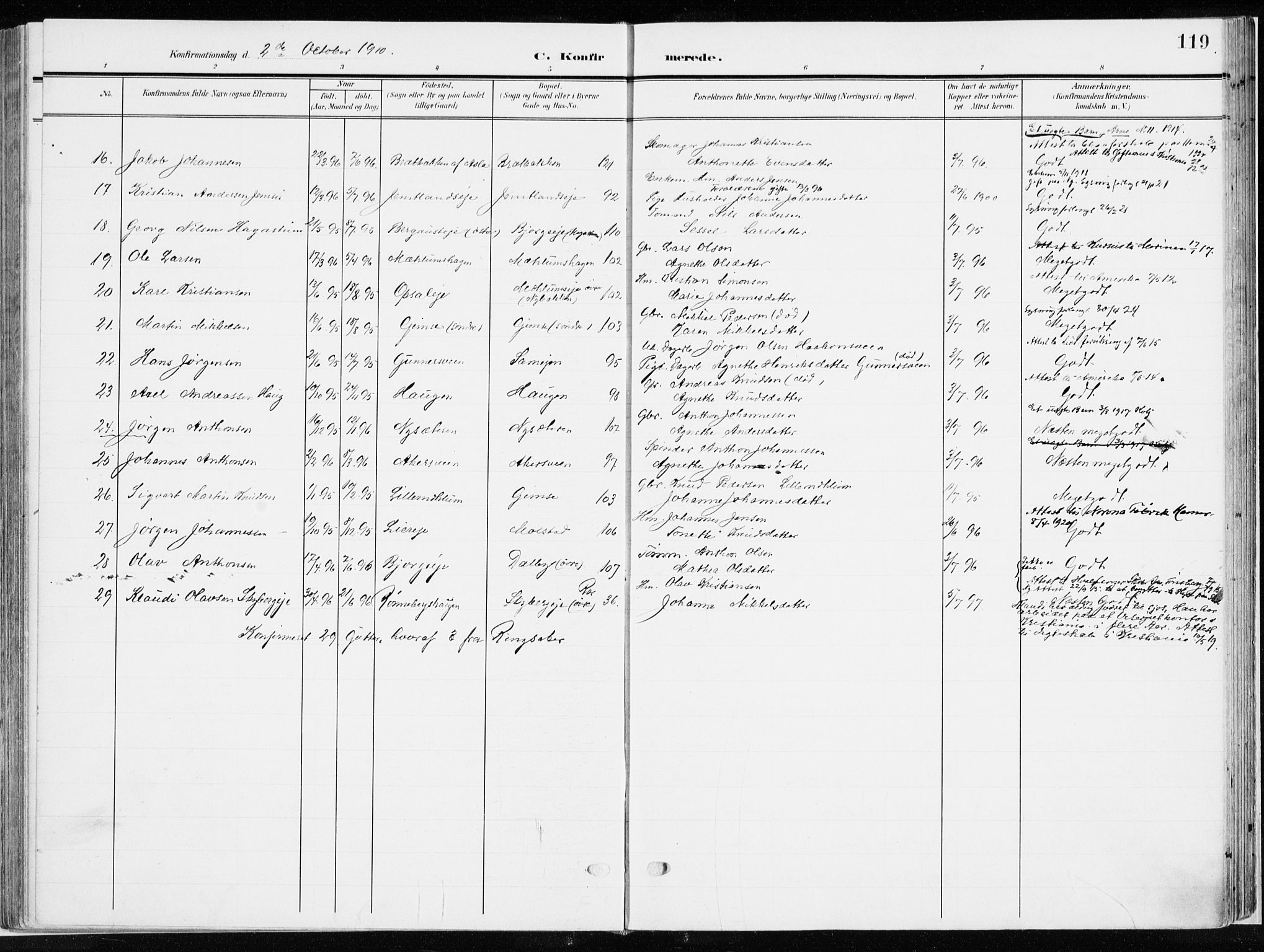 Ringsaker prestekontor, SAH/PREST-014/K/Ka/L0019: Parish register (official) no. 19, 1905-1920, p. 119