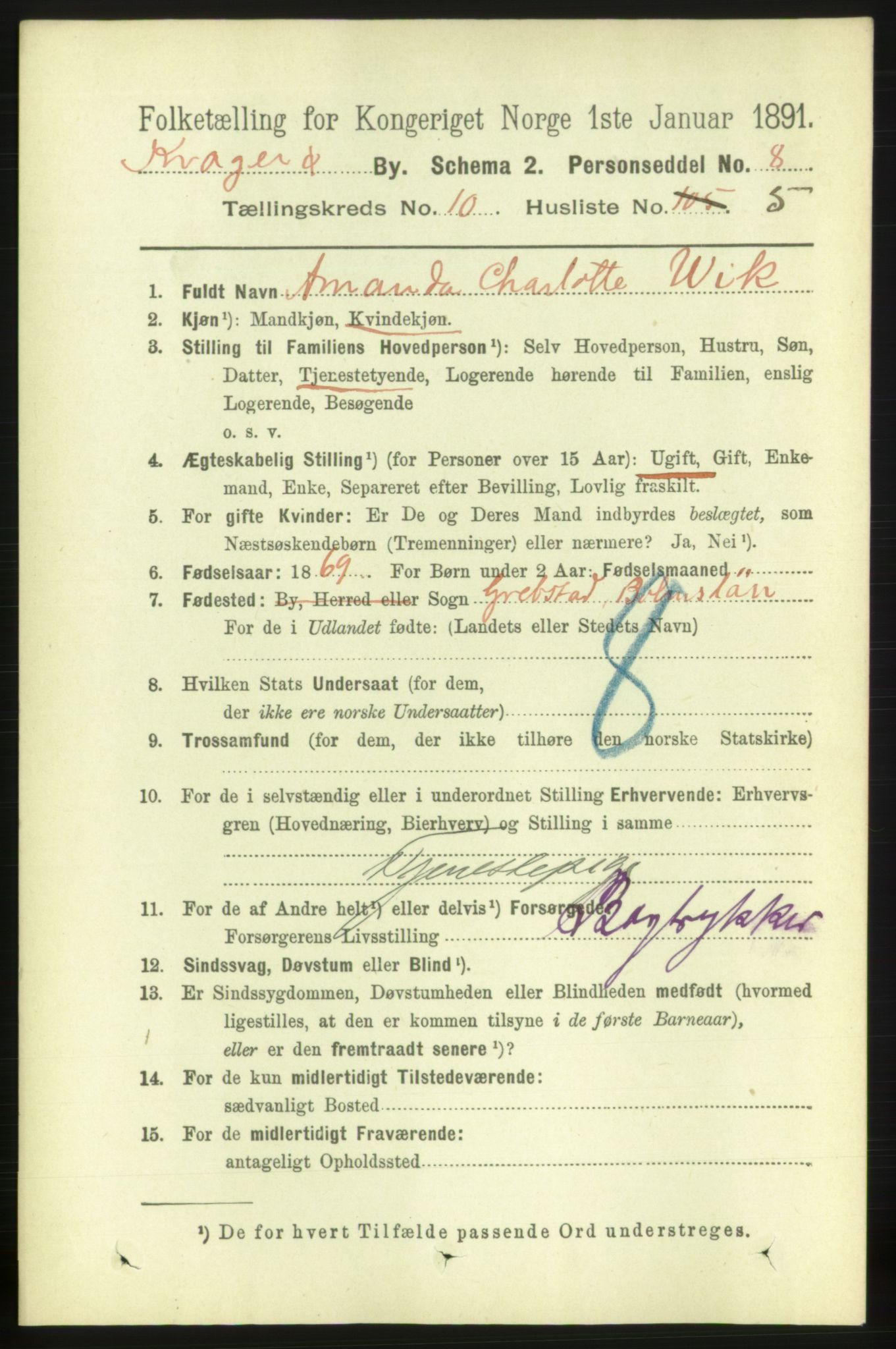 RA, 1891 census for 0801 Kragerø, 1891, p. 3788