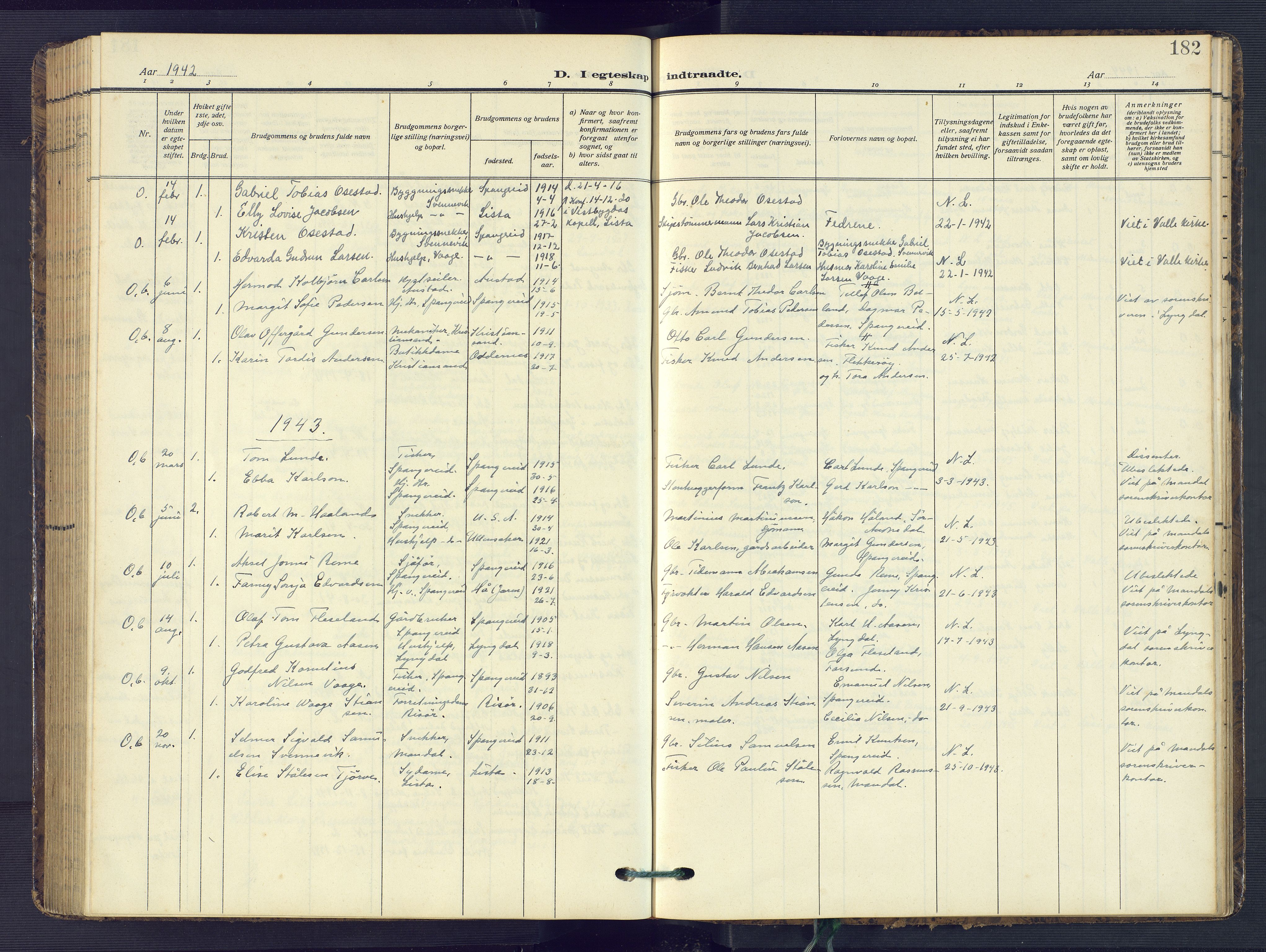 Sør-Audnedal sokneprestkontor, AV/SAK-1111-0039/F/Fb/Fba/L0005: Parish register (copy) no. B 5, 1908-1963, p. 182