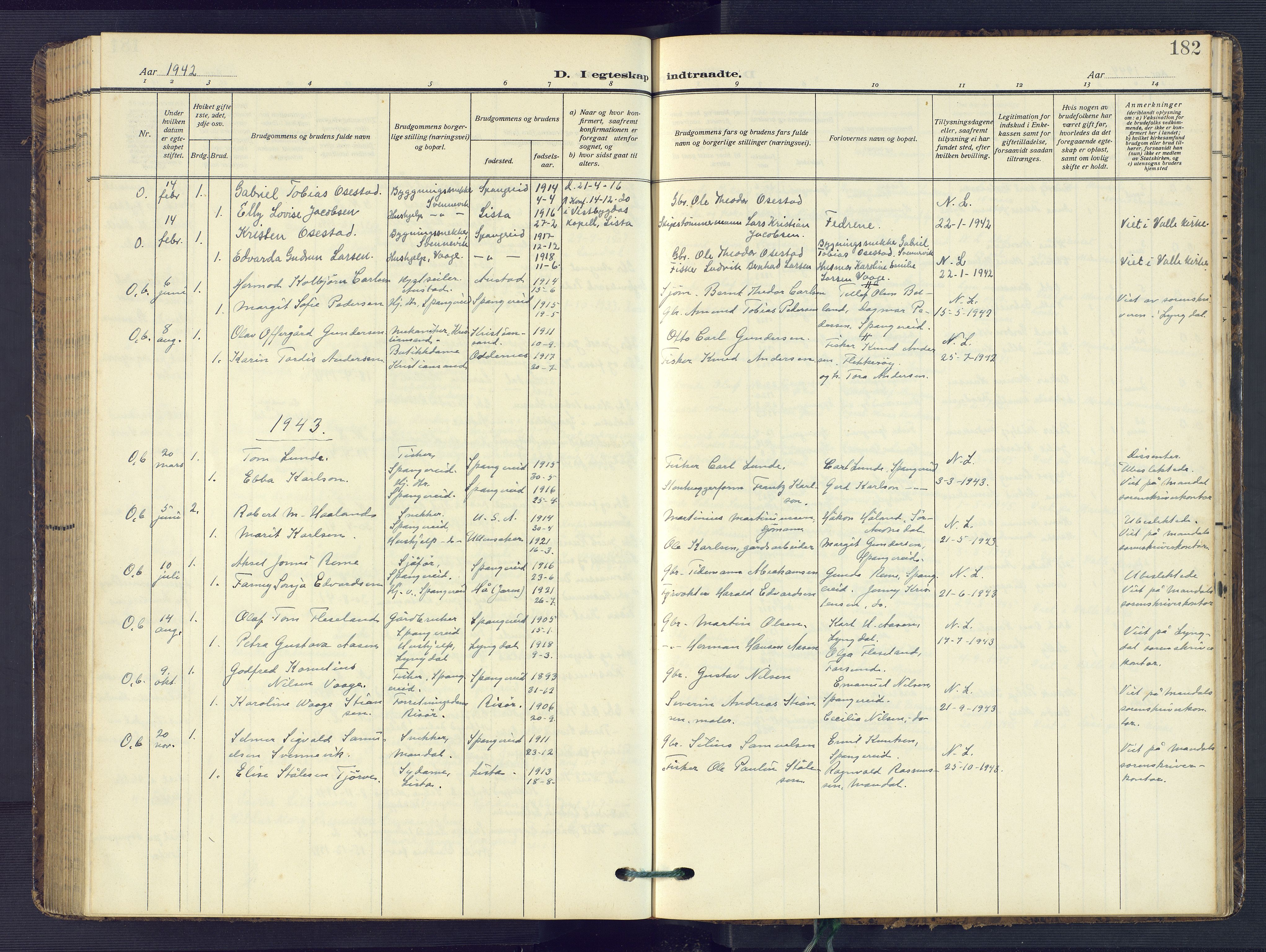 Sør-Audnedal sokneprestkontor, SAK/1111-0039/F/Fb/Fba/L0005: Parish register (copy) no. B 5, 1908-1963, p. 182