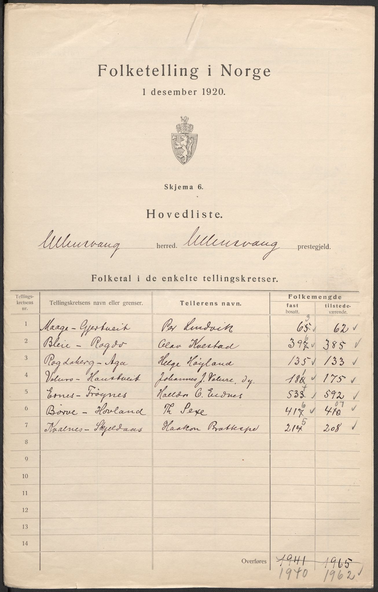 SAB, 1920 census for Ullensvang, 1920, p. 2