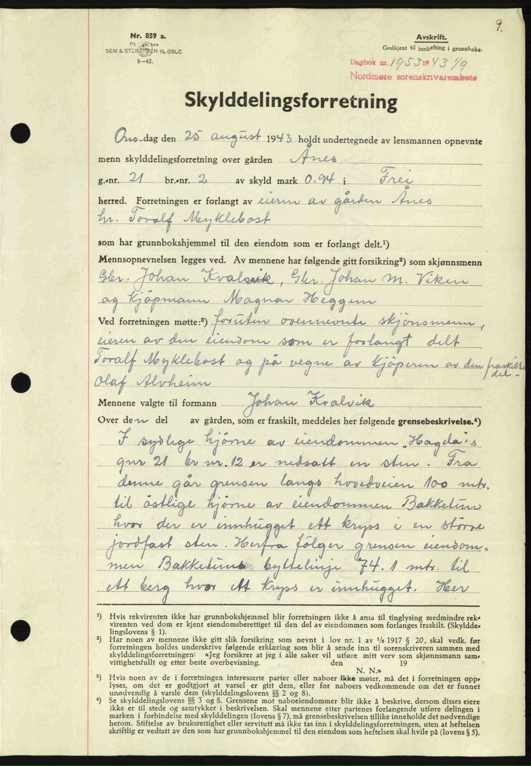 Nordmøre sorenskriveri, AV/SAT-A-4132/1/2/2Ca: Mortgage book no. A96, 1943-1944, Diary no: : 1953/1943