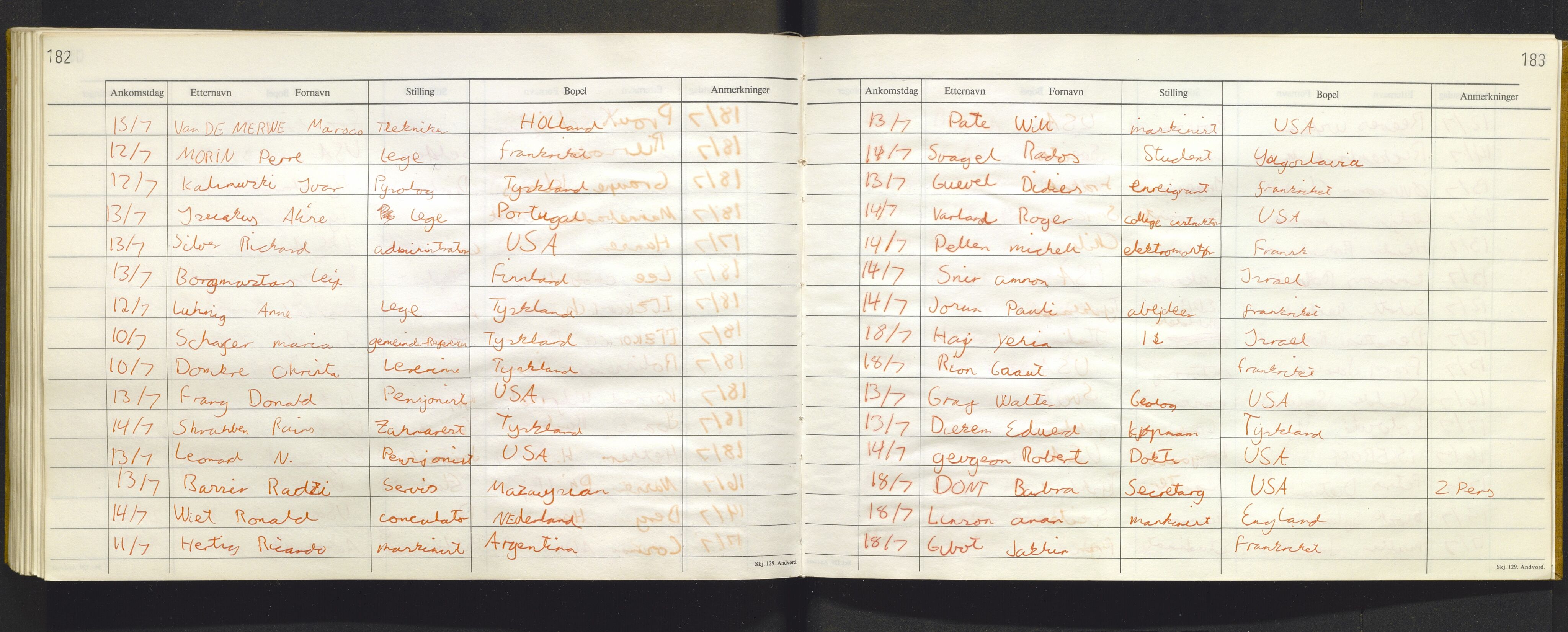 Bergen politikammer / politidistrikt, AV/SAB-A-60401/J.f/L0009: Fremmedbok for Fantoft sommerhotell, 1984-1985, p. 182-183