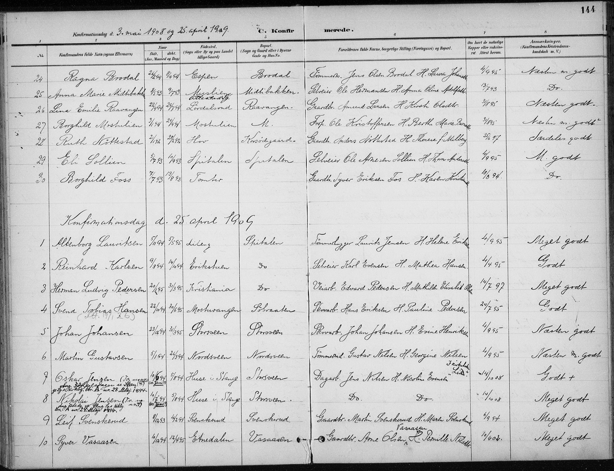 Stange prestekontor, SAH/PREST-002/K/L0023: Parish register (official) no. 23, 1897-1920, p. 144