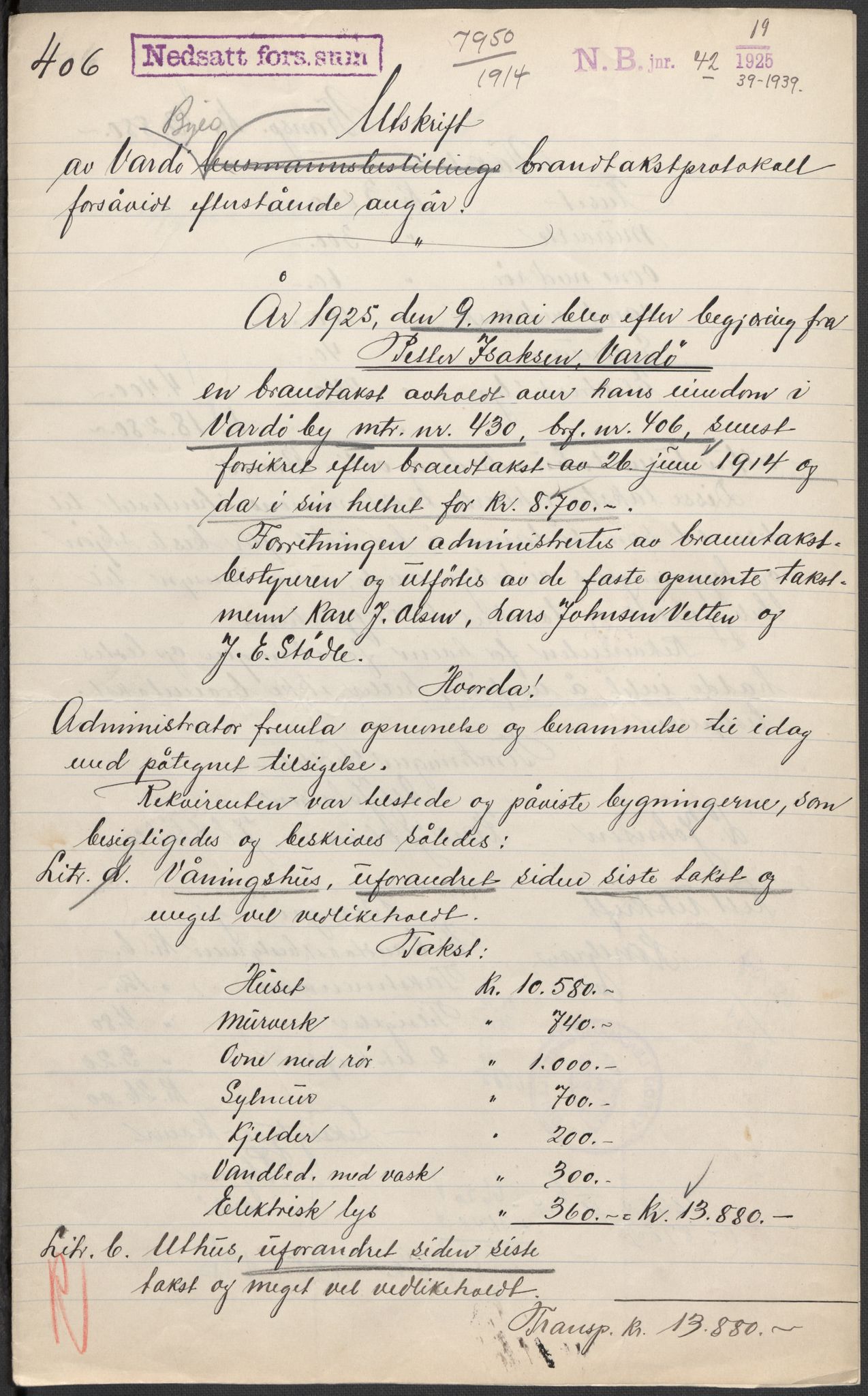 Norges Brannkasse, AV/RA-S-1549/E/Eu/L0019: Branntakster for Vardø by, 1889-1955, p. 50