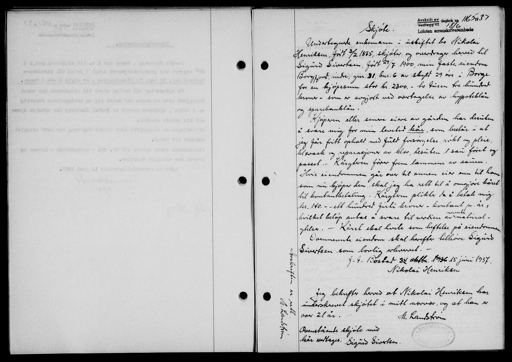 Lofoten sorenskriveri, SAT/A-0017/1/2/2C/L0002a: Mortgage book no. 2a, 1937-1937, Diary no: : 1165/1937