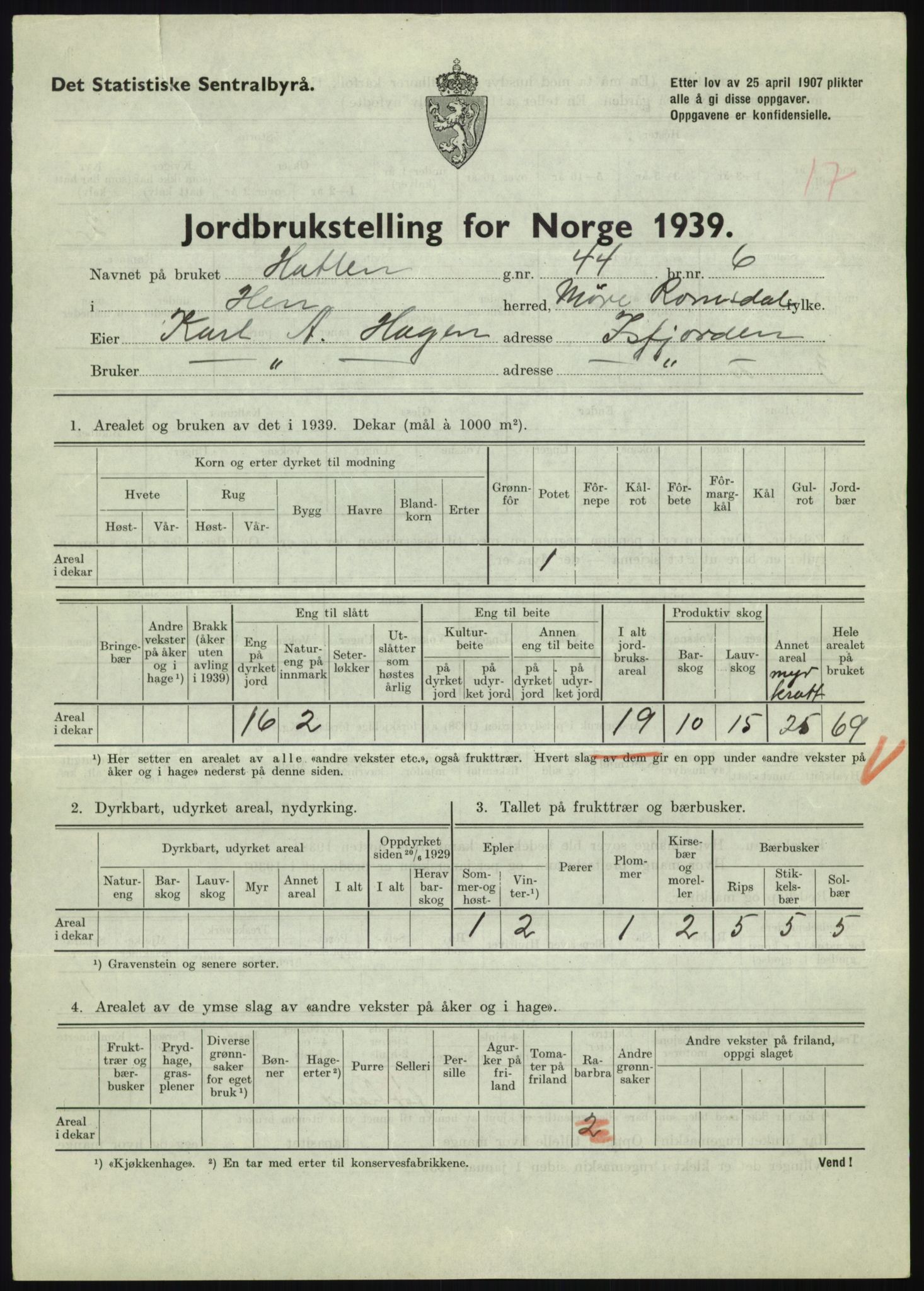 Statistisk sentralbyrå, Næringsøkonomiske emner, Jordbruk, skogbruk, jakt, fiske og fangst, AV/RA-S-2234/G/Gb/L0251: Møre og Romsdal: Voll, Eid, Grytten og Hen, 1939, p. 1113