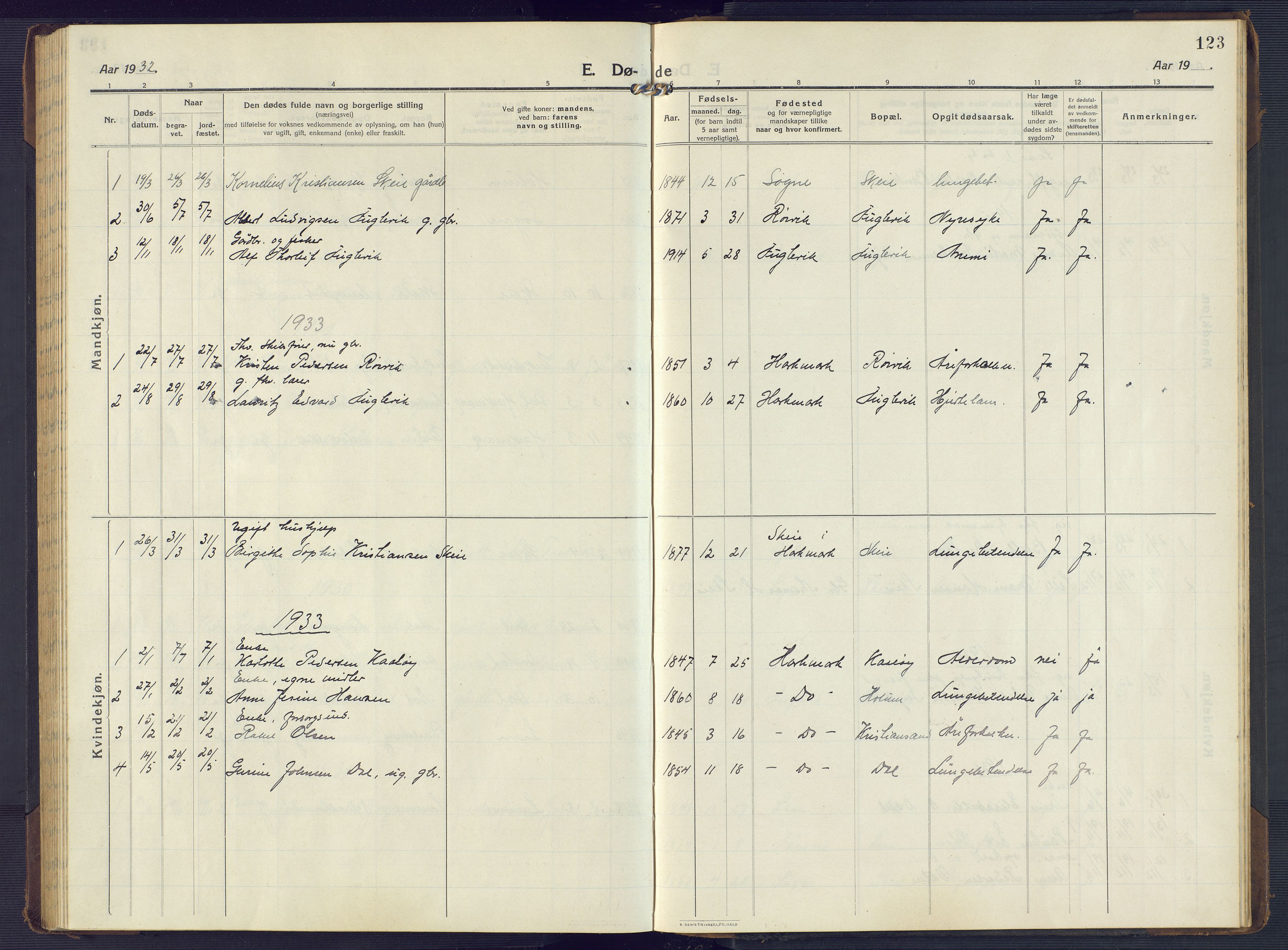 Mandal sokneprestkontor, SAK/1111-0030/F/Fb/Fbb/L0005: Parish register (copy) no. B 5, 1913-1957, p. 123
