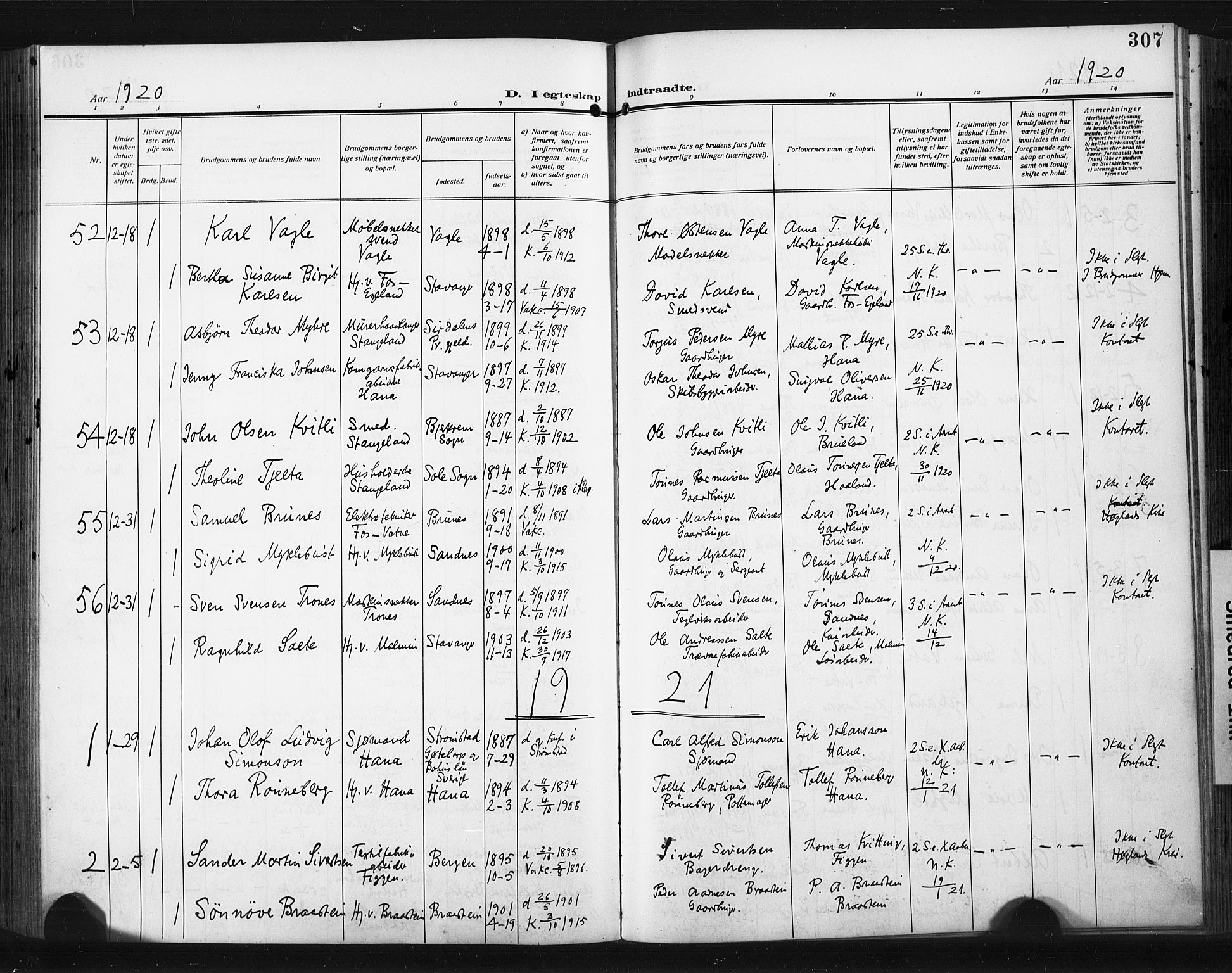 Høyland sokneprestkontor, AV/SAST-A-101799/001/30BA/L0017: Parish register (official) no. A 15, 1912-1924, p. 307