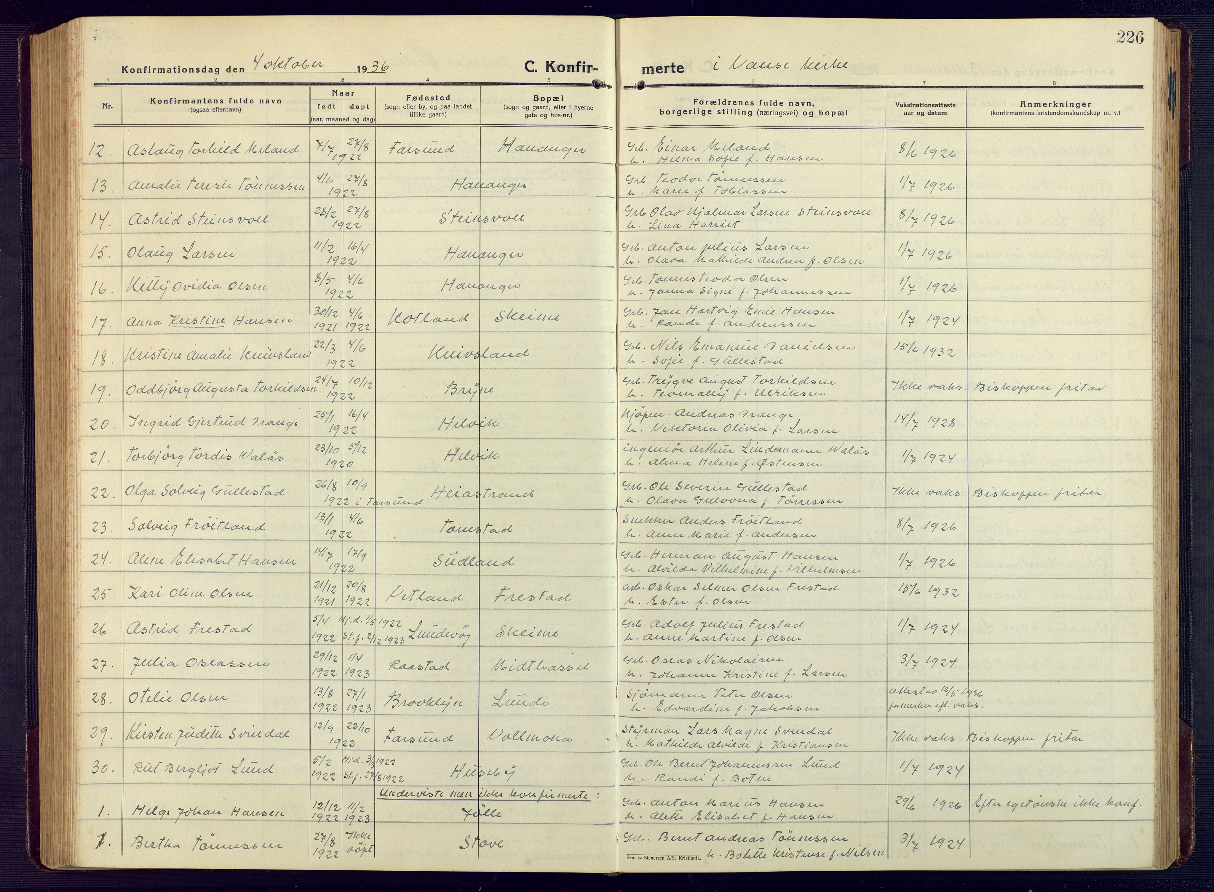 Lista sokneprestkontor, SAK/1111-0027/F/Fb/L0006: Parish register (copy) no. B 6, 1924-1947, p. 226