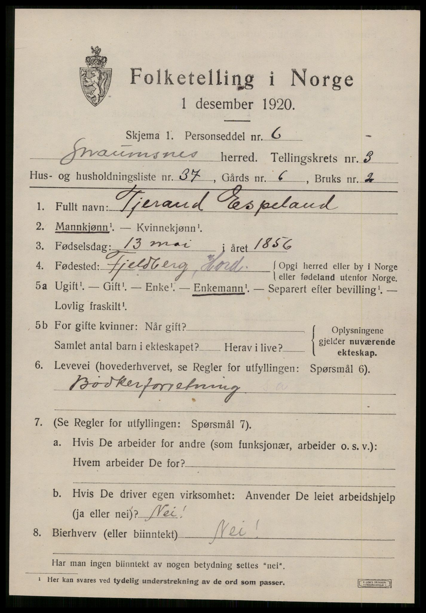 SAT, 1920 census for Straumsnes, 1920, p. 1537