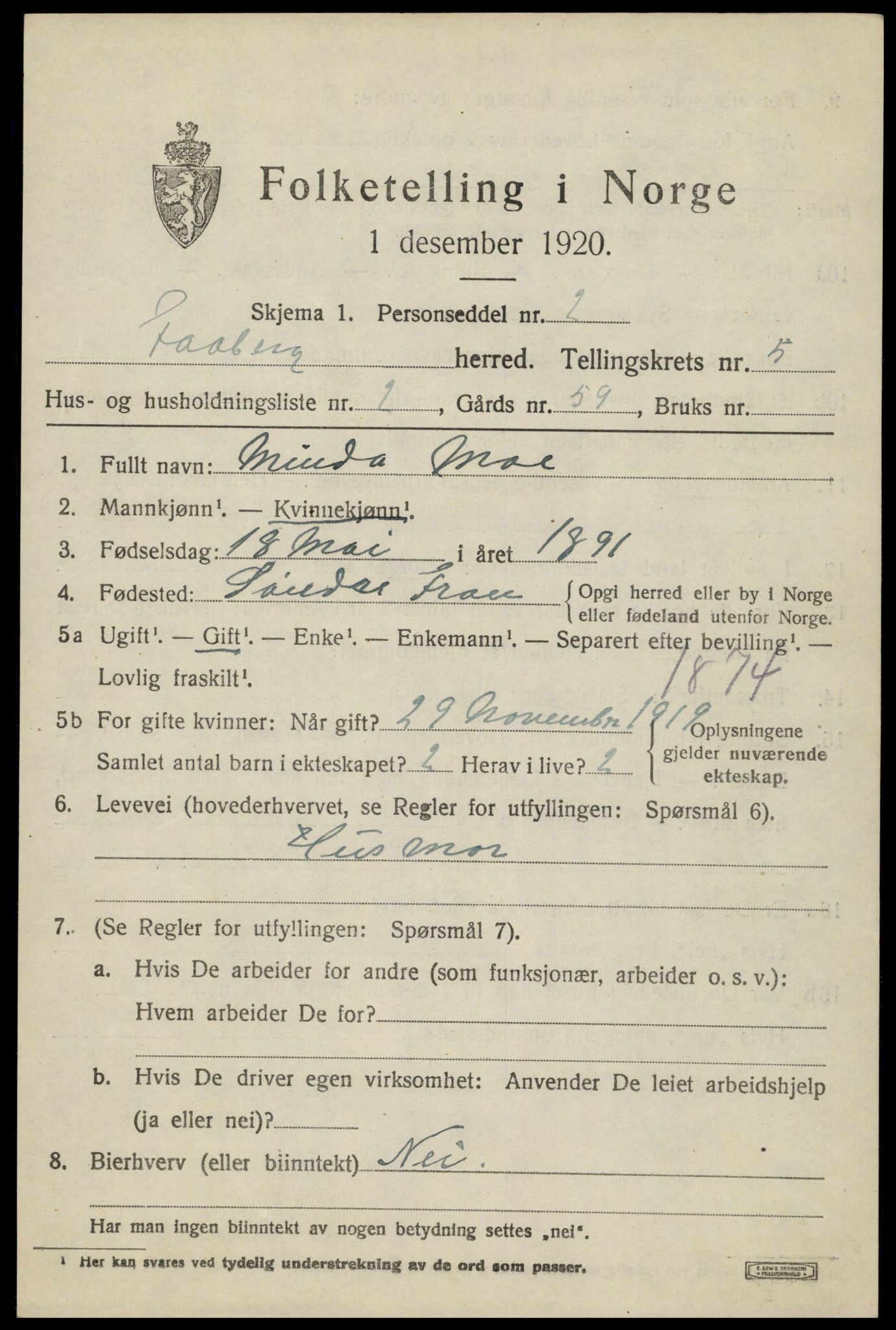 SAH, 1920 census for Fåberg, 1920, p. 5918