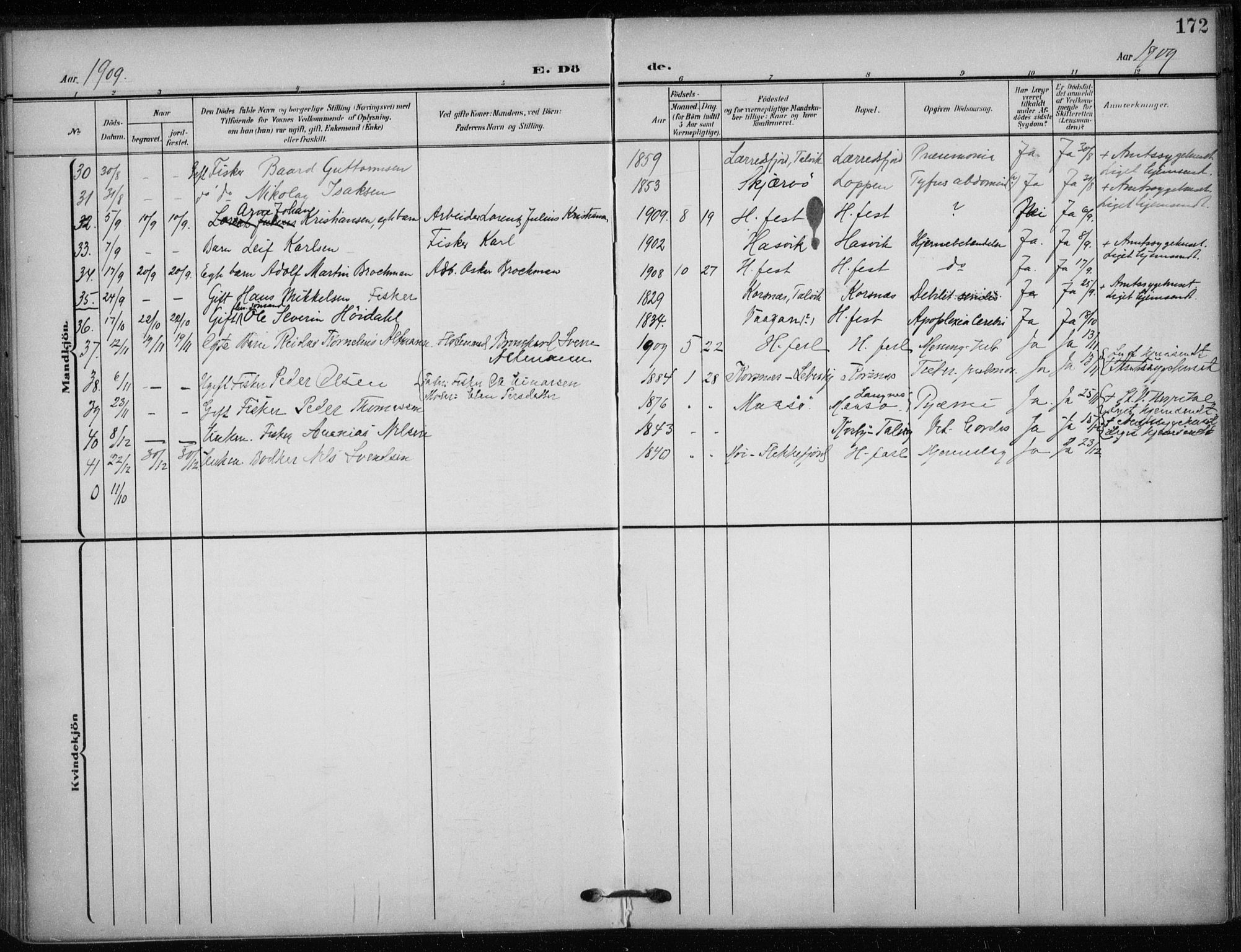 Hammerfest sokneprestkontor, SATØ/S-1347/H/Ha/L0014.kirke: Parish register (official) no. 14, 1906-1916, p. 172