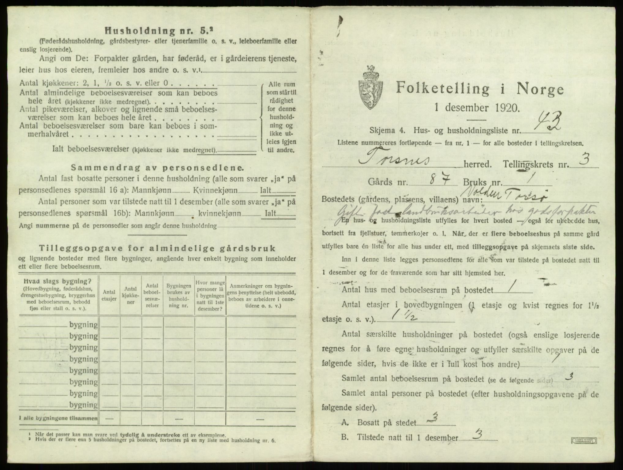 SAO, 1920 census for Torsnes, 1920, p. 479