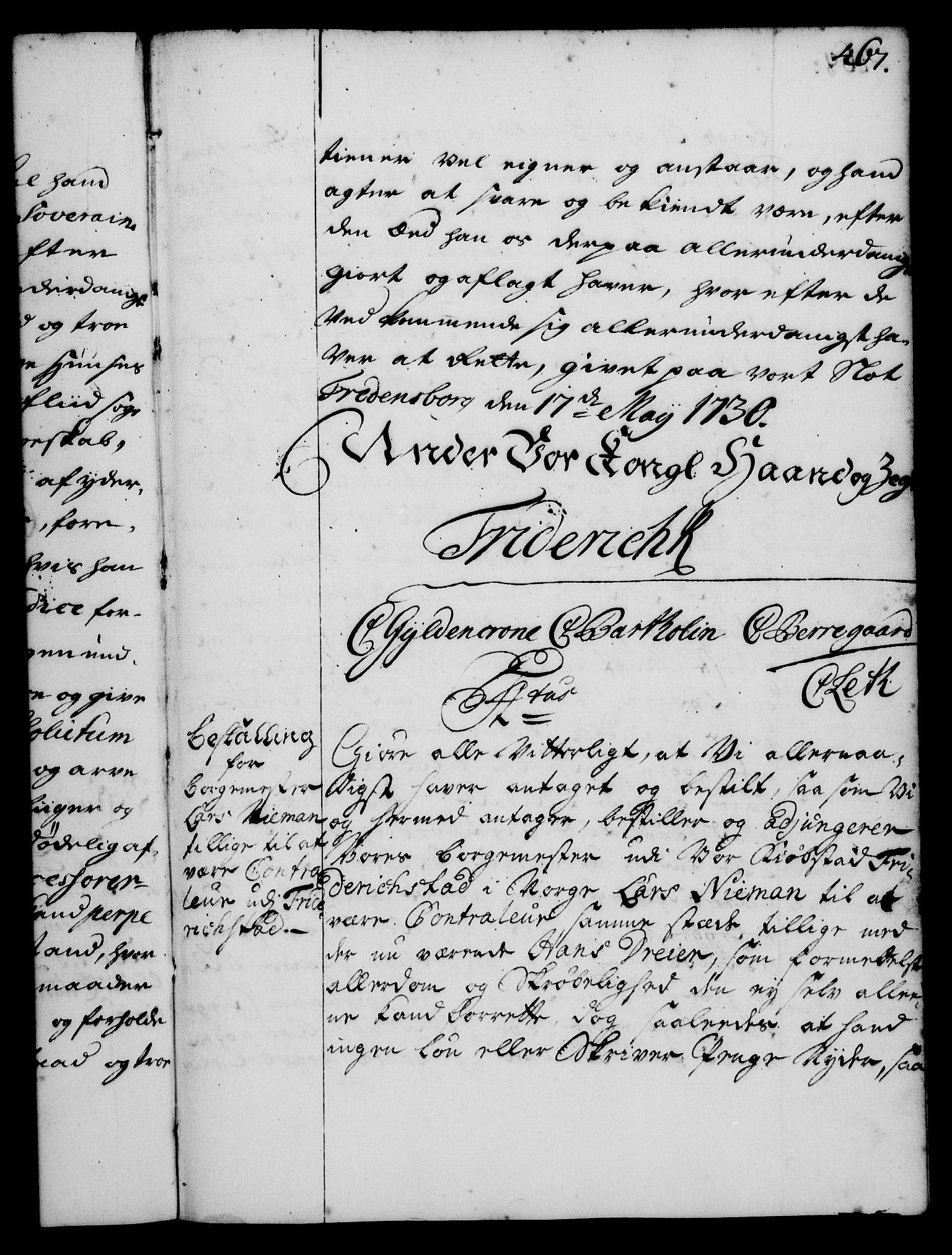 Rentekammeret, Kammerkanselliet, RA/EA-3111/G/Gg/Gge/L0001: Norsk bestallingsprotokoll med register (merket RK 53.25), 1720-1730, p. 467