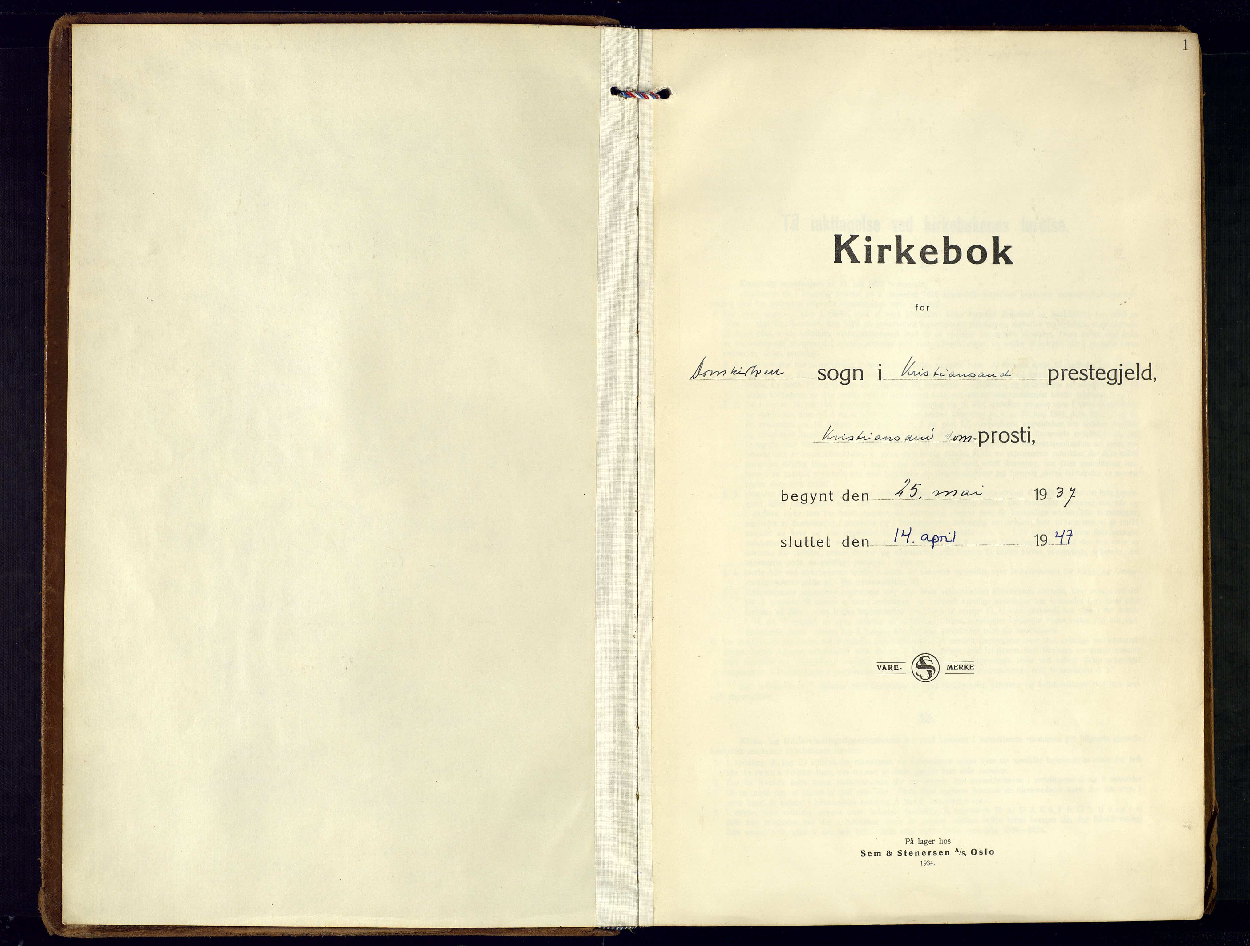 Kristiansand domprosti, AV/SAK-1112-0006/F/Fa/L0037: Parish register (official) no. A-36, 1937-1947, p. 1