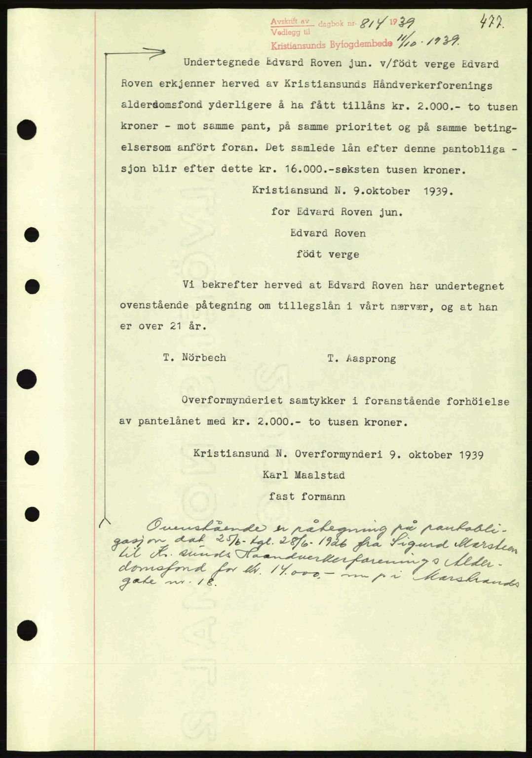 Kristiansund byfogd, SAT/A-4587/A/27: Mortgage book no. 31, 1938-1939, Diary no: : 814/1939
