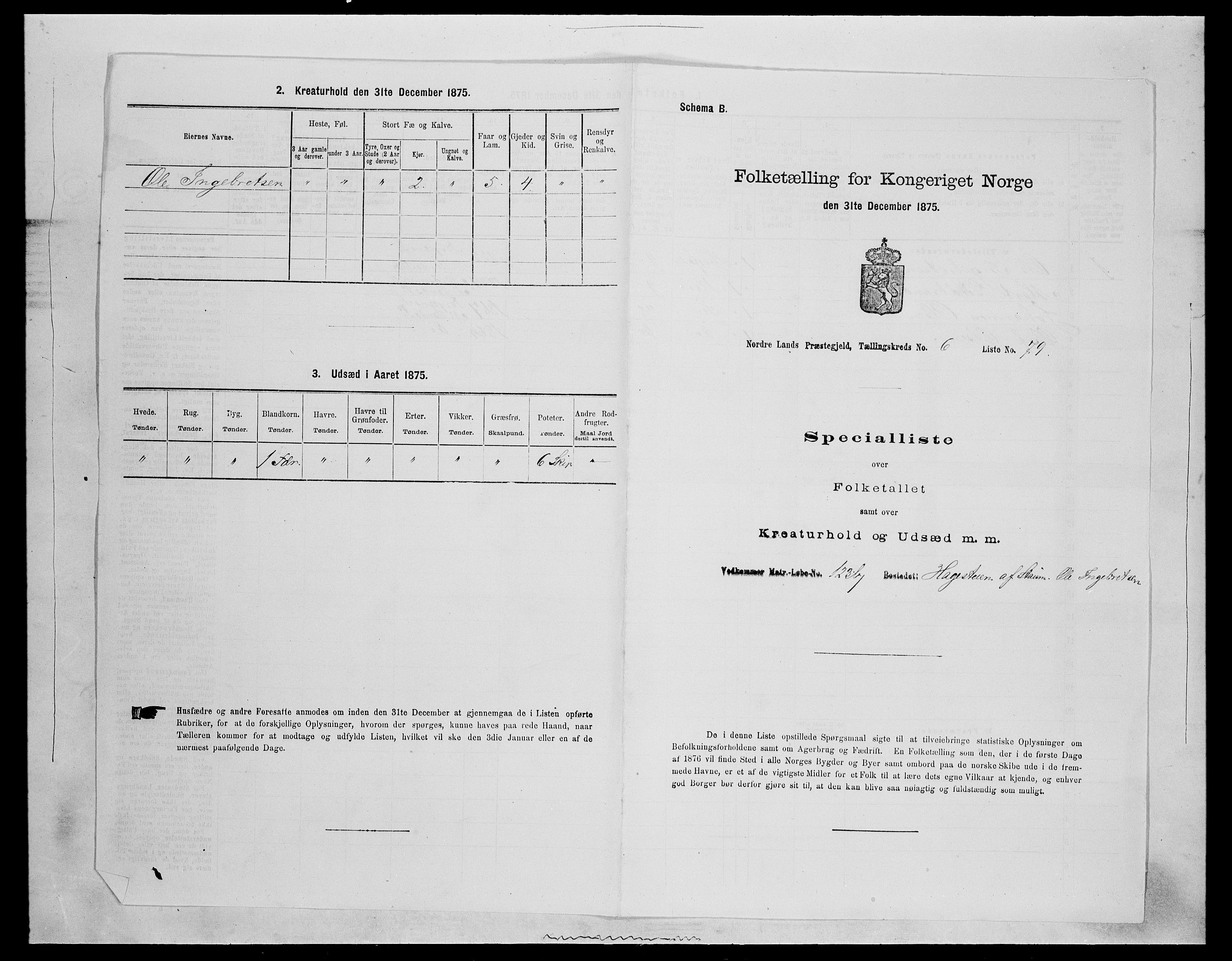 SAH, 1875 census for 0538P Nordre Land, 1875, p. 1081