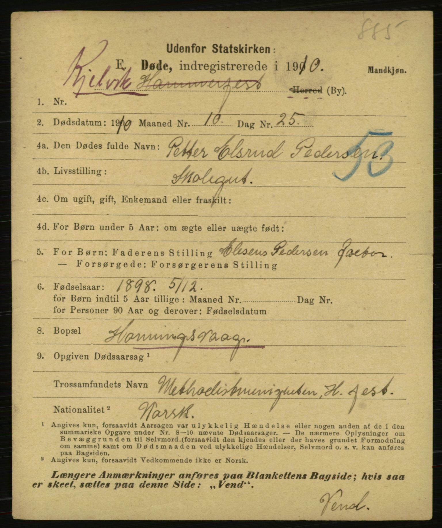 Statistisk sentralbyrå, Sosiodemografiske emner, Befolkning, AV/RA-S-2228/E/L0008: Fødte, gifte, døde dissentere., 1910, p. 3151