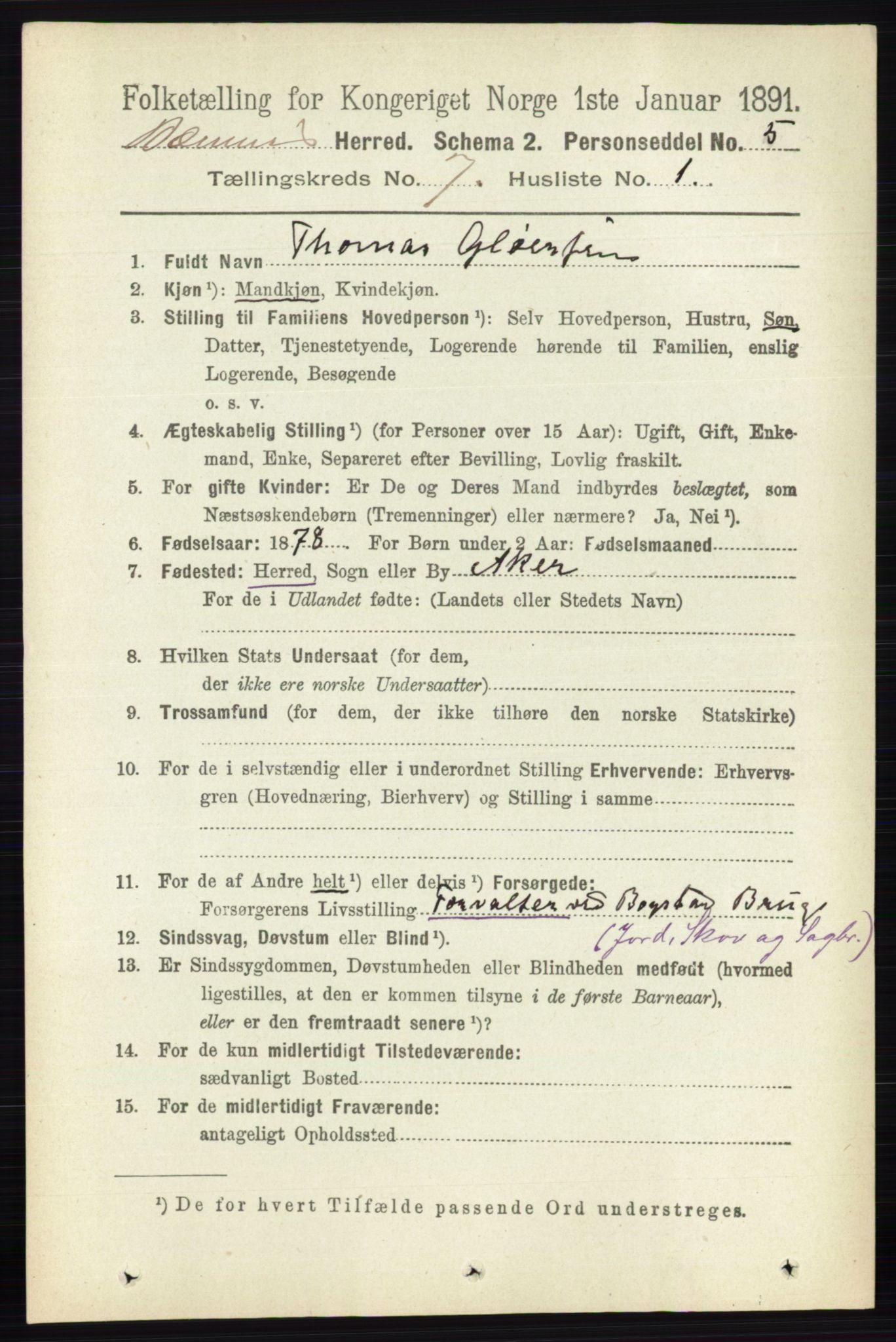 RA, 1891 census for 0219 Bærum, 1891, p. 4084