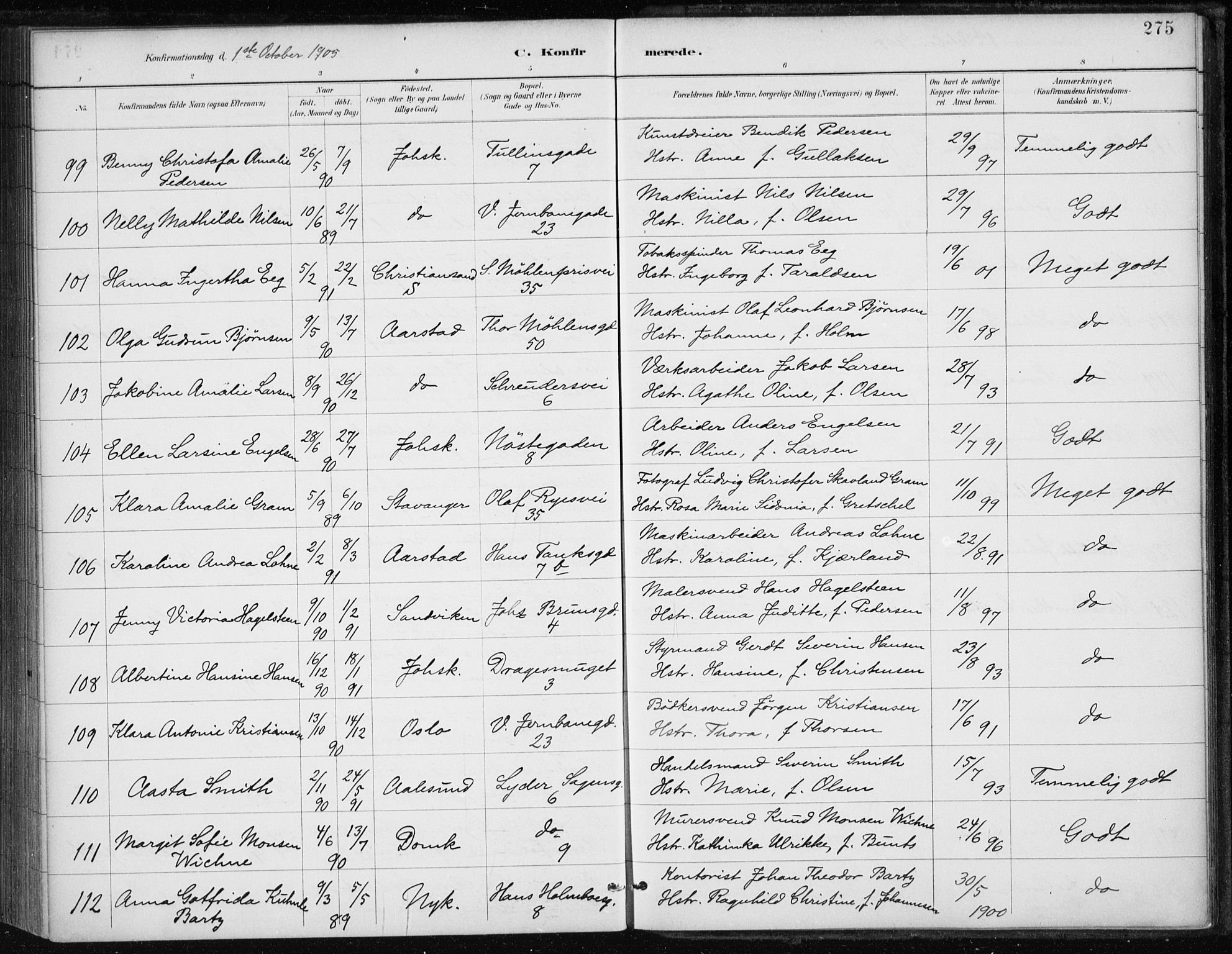 Johanneskirken sokneprestembete, AV/SAB-A-76001/H/Haa/L0008: Parish register (official) no. C 1, 1885-1907, p. 275