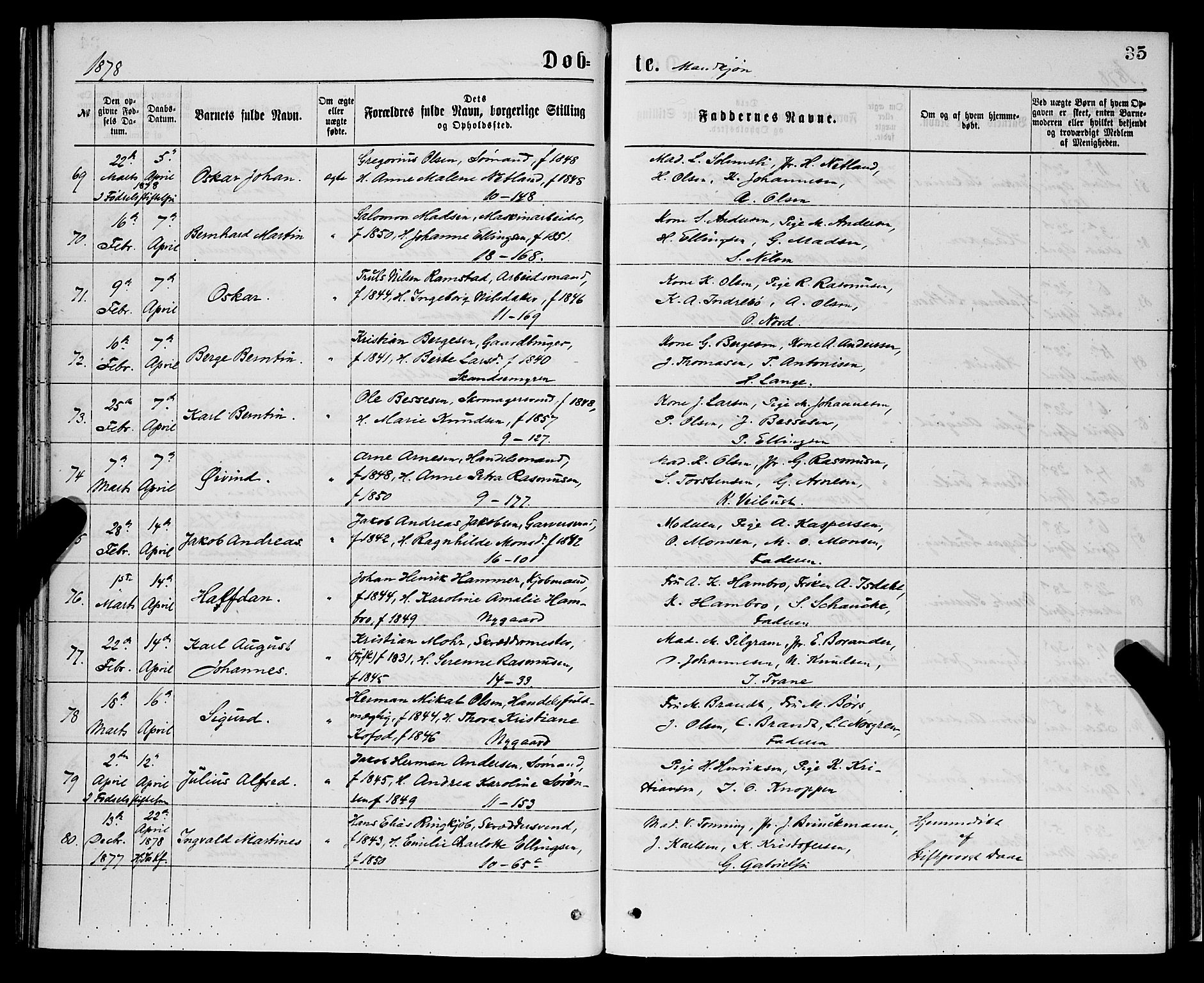 Domkirken sokneprestembete, AV/SAB-A-74801/H/Hab/L0014: Parish register (copy) no. B 7, 1877-1878, p. 35