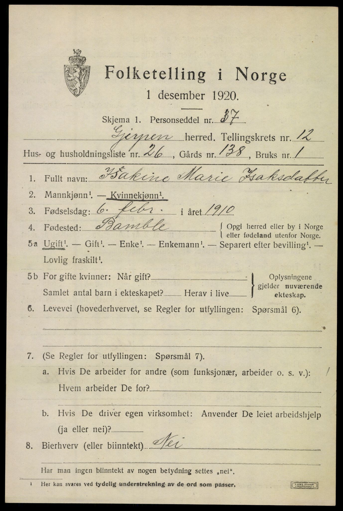 SAKO, 1920 census for Gjerpen, 1920, p. 13808