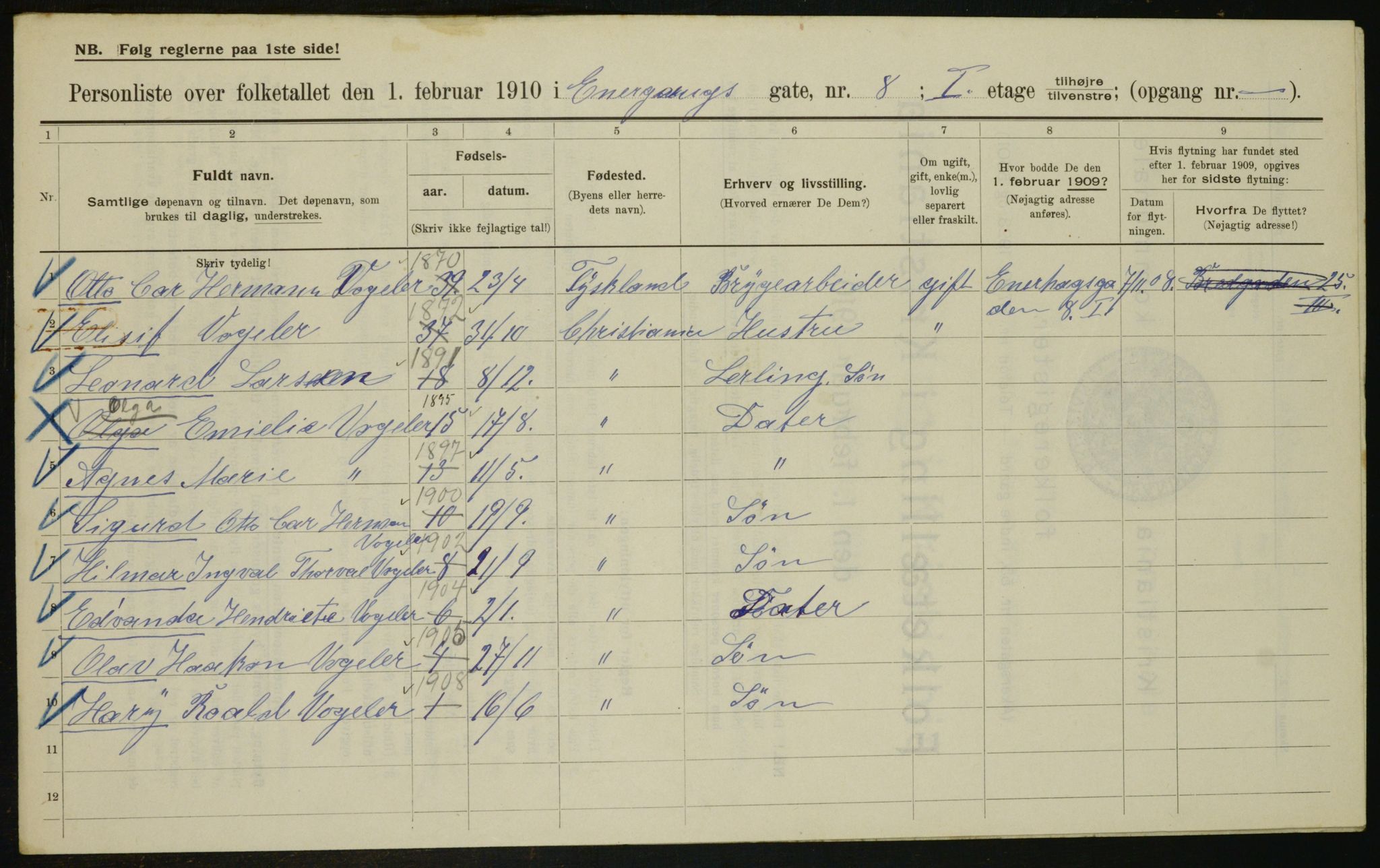 OBA, Municipal Census 1910 for Kristiania, 1910, p. 19738