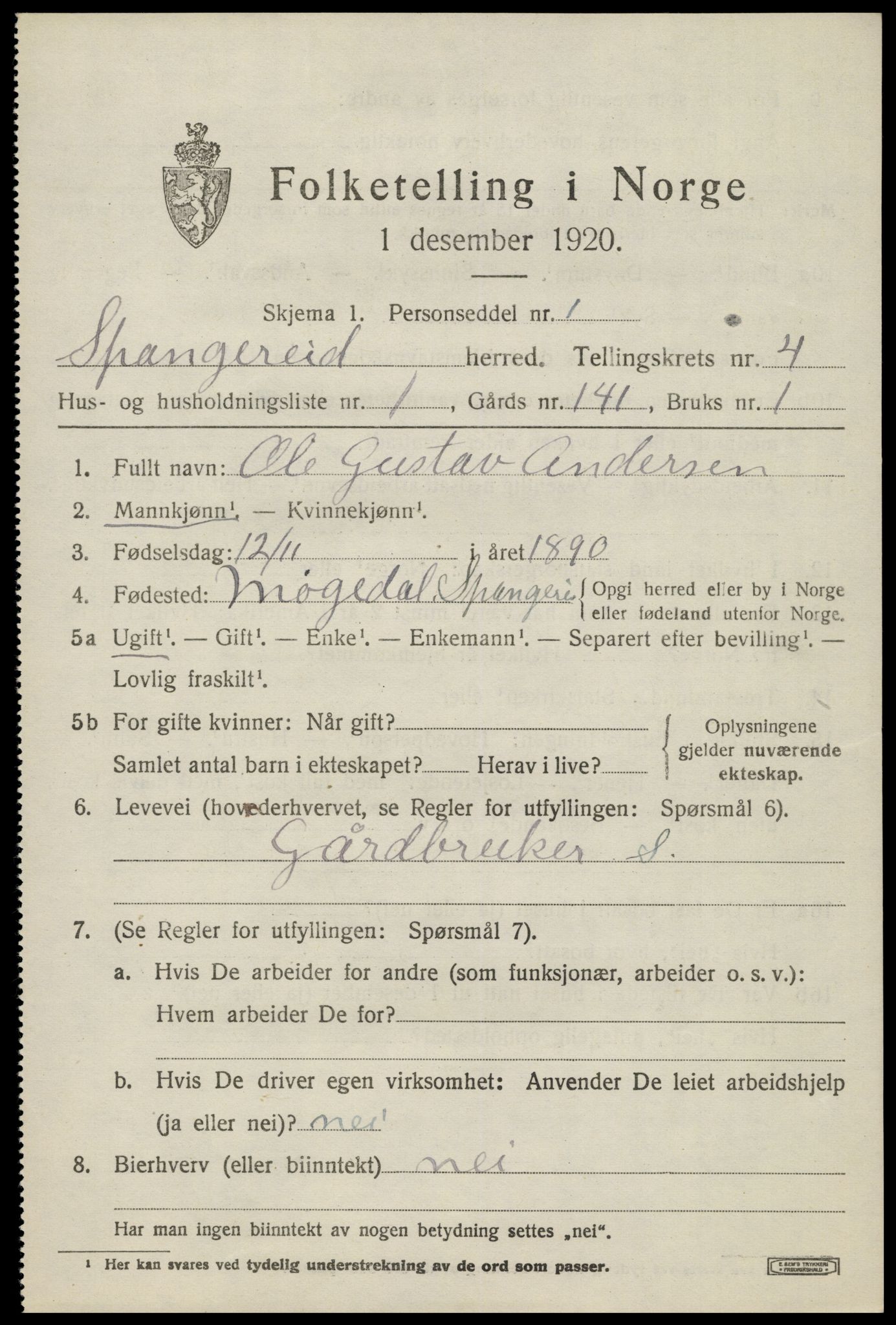 SAK, 1920 census for Spangereid, 1920, p. 1521