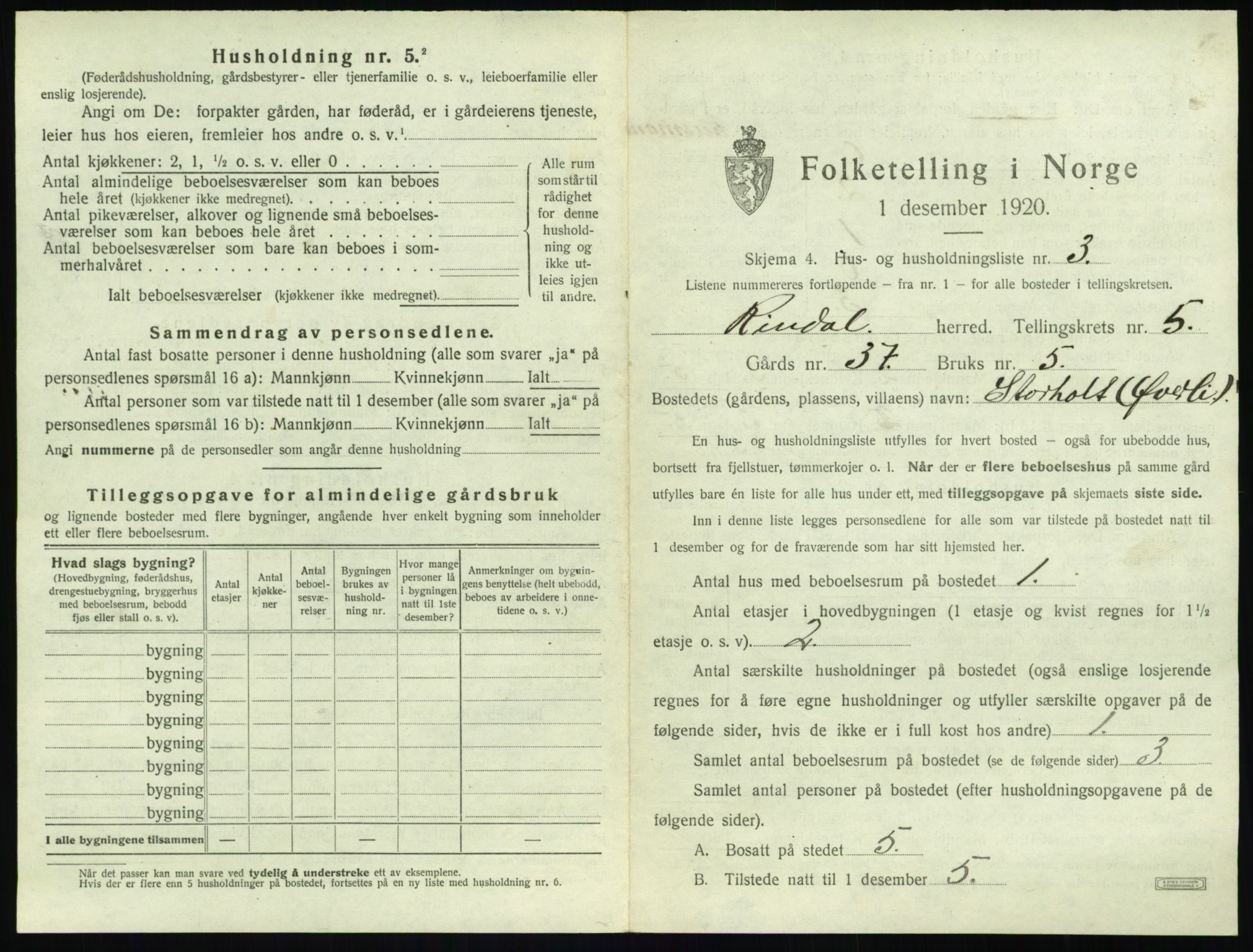 SAT, 1920 census for Rindal, 1920, p. 338