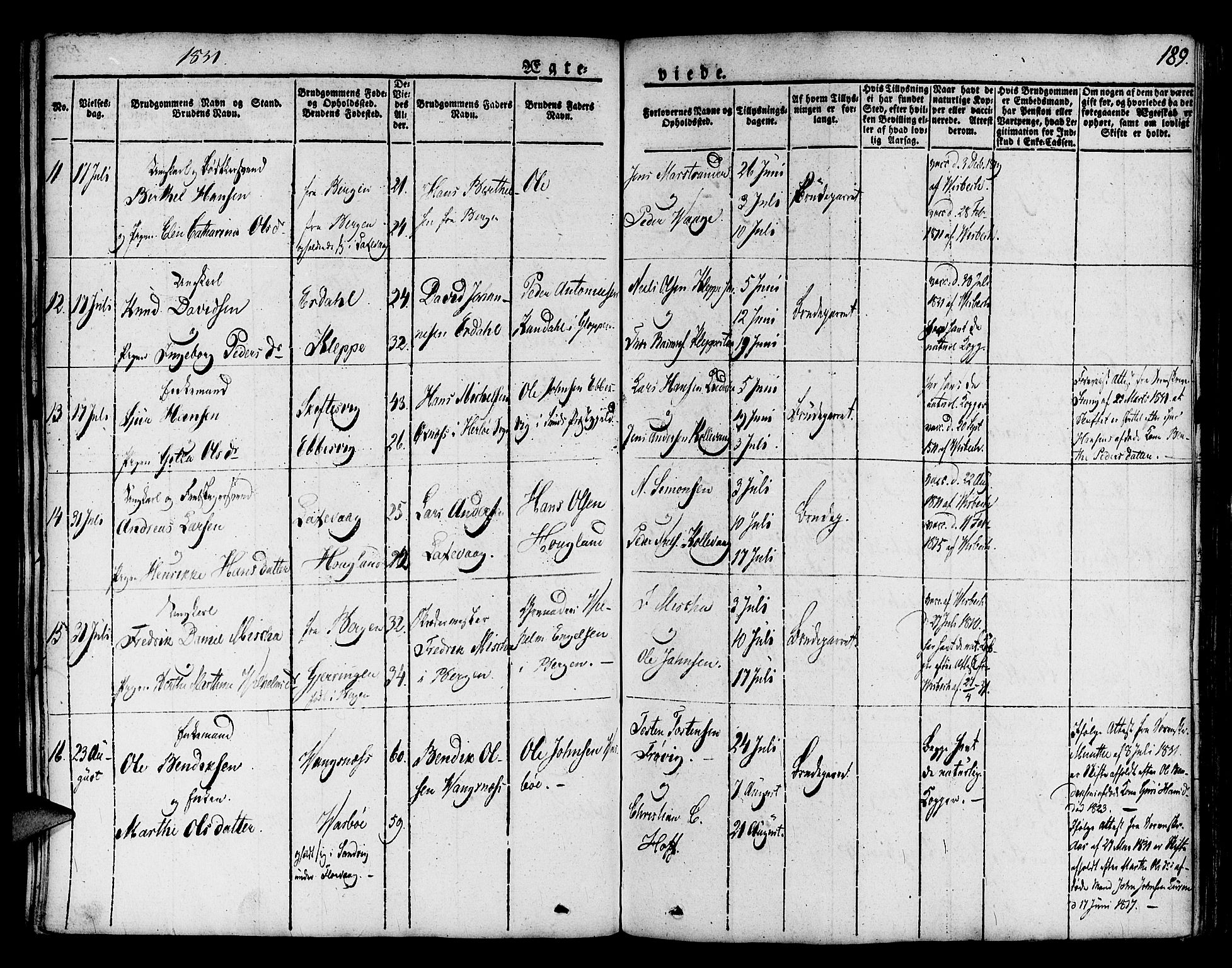 Askøy Sokneprestembete, SAB/A-74101/H/Ha/Haa/Haaa/L0004: Parish register (official) no. A 4, 1825-1845, p. 189