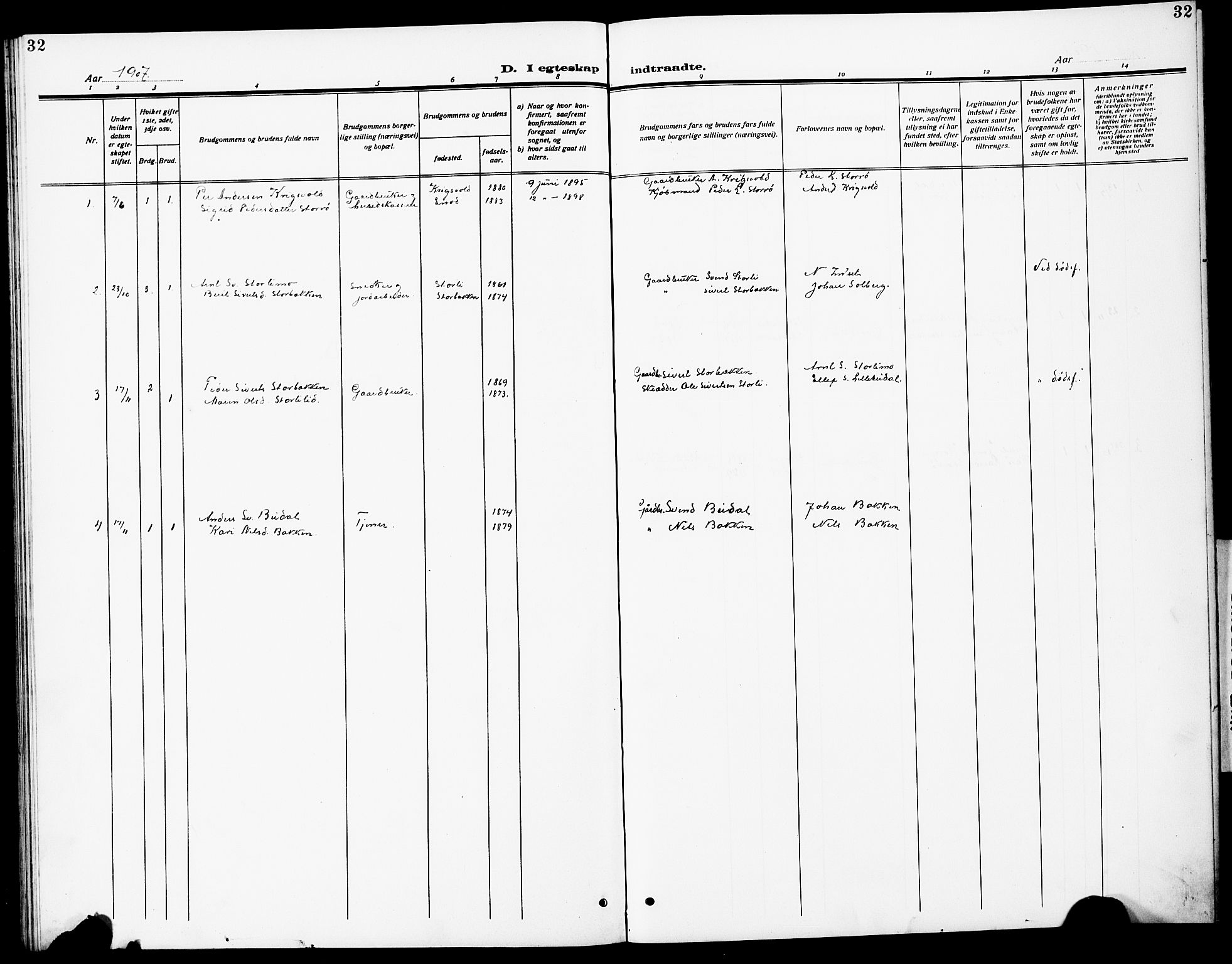 Ministerialprotokoller, klokkerbøker og fødselsregistre - Sør-Trøndelag, AV/SAT-A-1456/690/L1052: Parish register (copy) no. 690C02, 1907-1929, p. 32