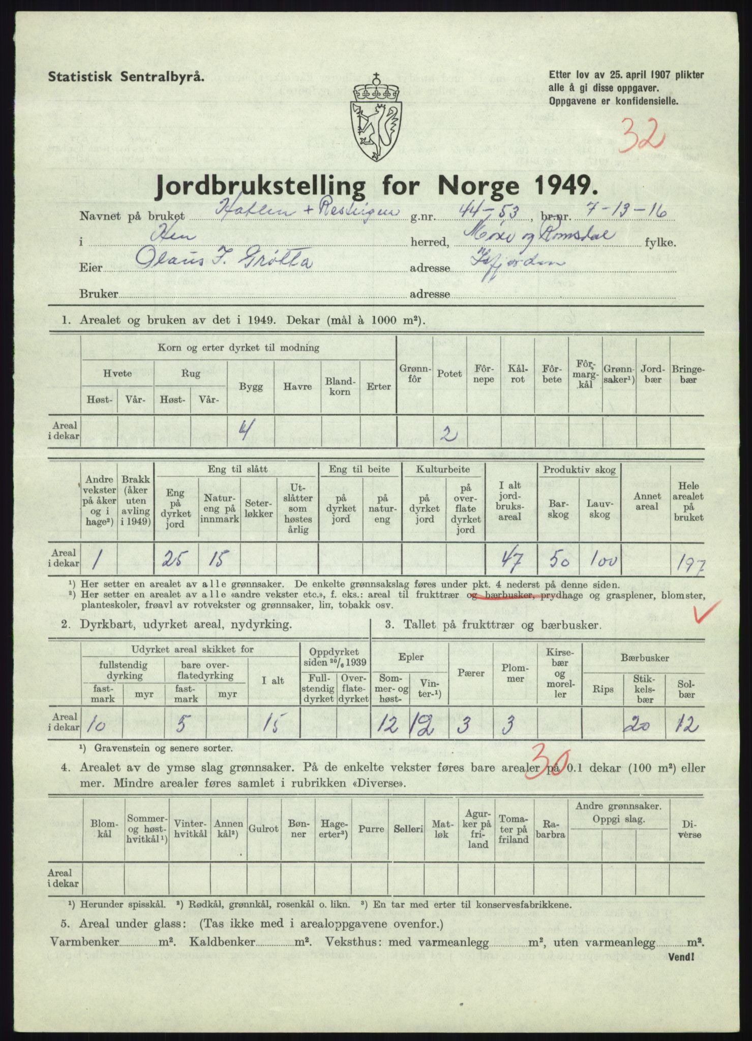 Statistisk sentralbyrå, Næringsøkonomiske emner, Jordbruk, skogbruk, jakt, fiske og fangst, AV/RA-S-2234/G/Gc/L0323: Møre og Romsdal: Grytten og Hen, 1949, p. 757