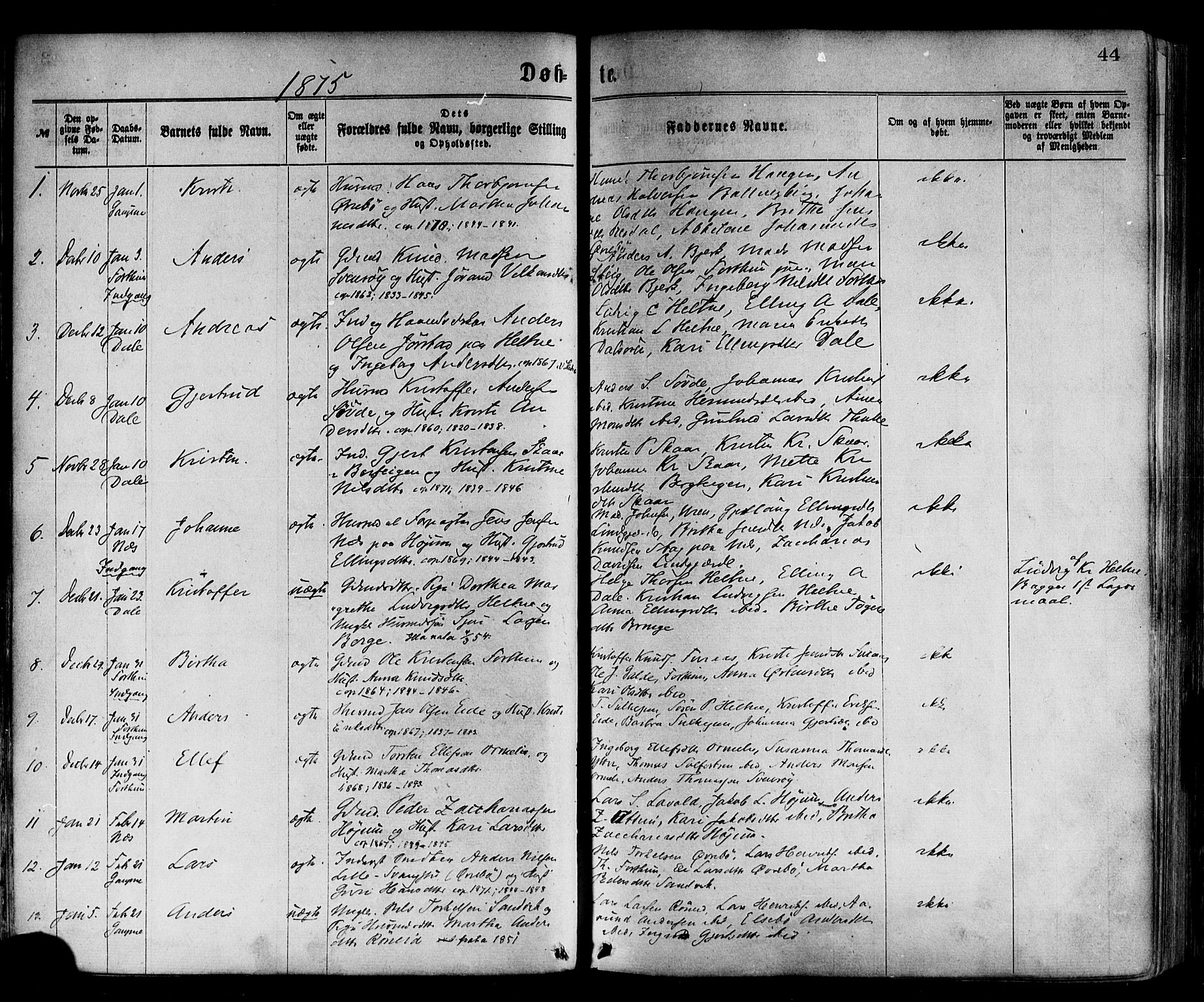 Luster sokneprestembete, SAB/A-81101/H/Haa/Haaa/L0010: Parish register (official) no. A 10, 1871-1886, p. 44