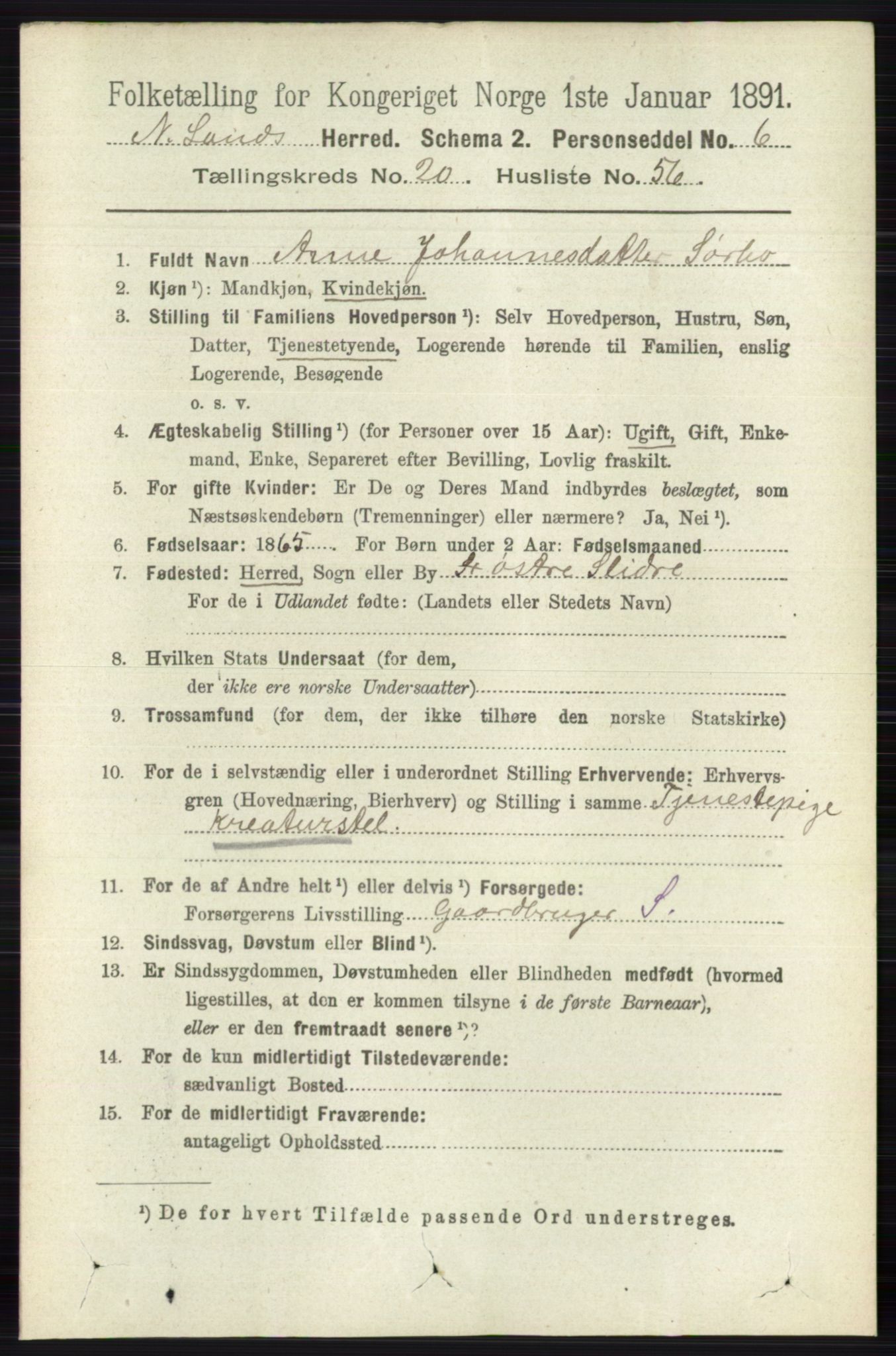 RA, 1891 census for 0538 Nordre Land, 1891, p. 5204