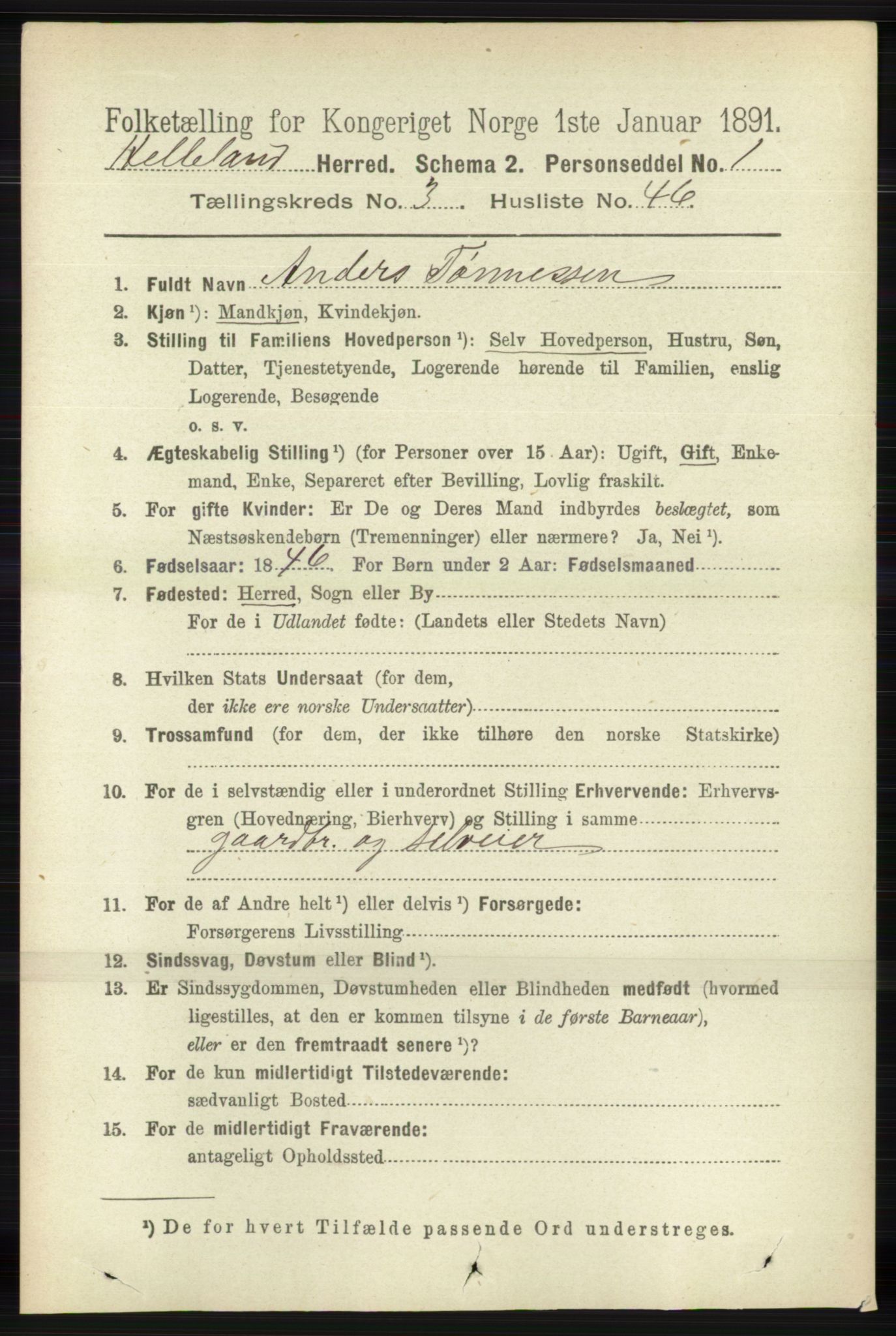 RA, 1891 census for 1115 Helleland, 1891, p. 1095