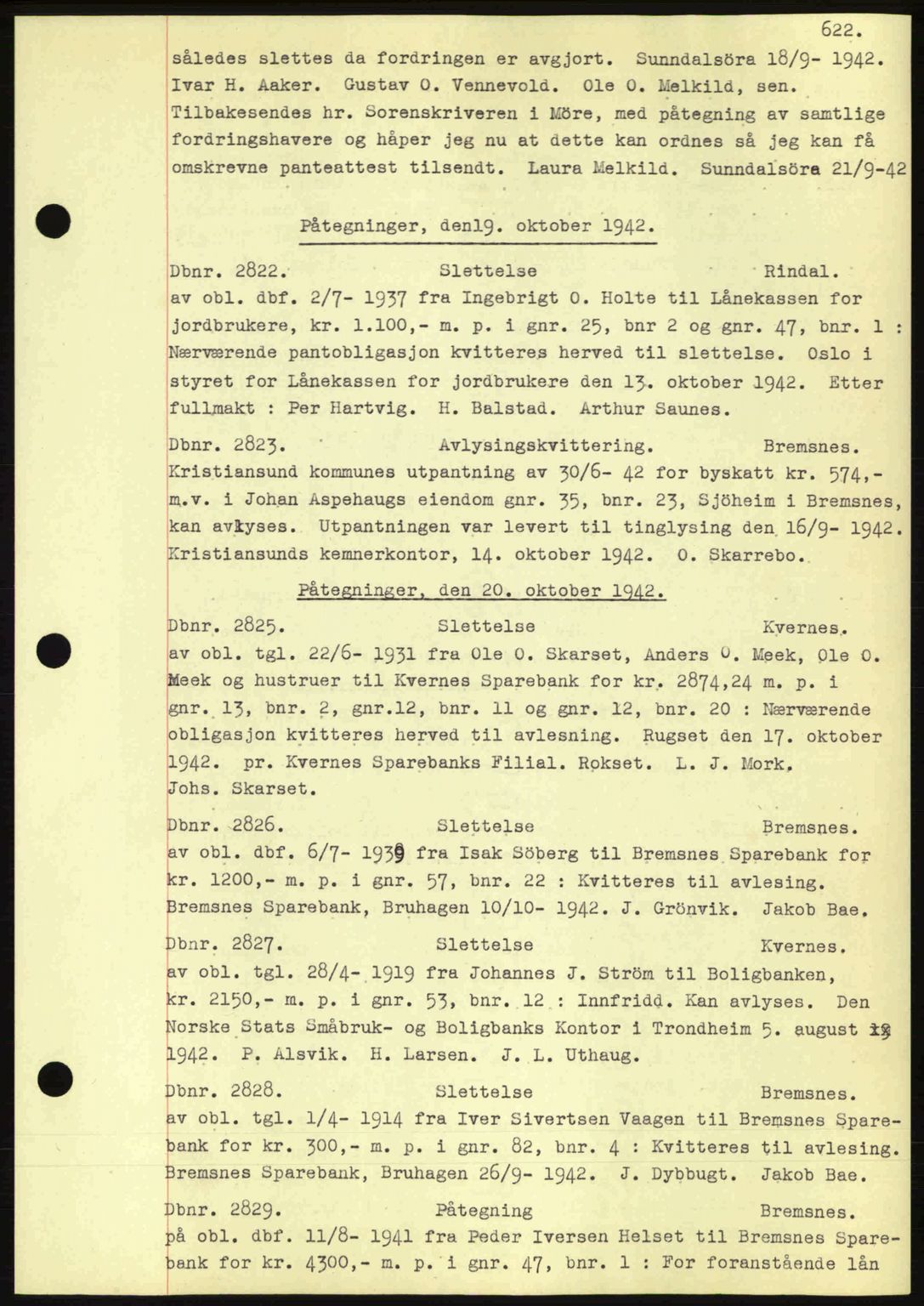 Nordmøre sorenskriveri, AV/SAT-A-4132/1/2/2Ca: Mortgage book no. C81, 1940-1945, Diary no: : 2822/1942