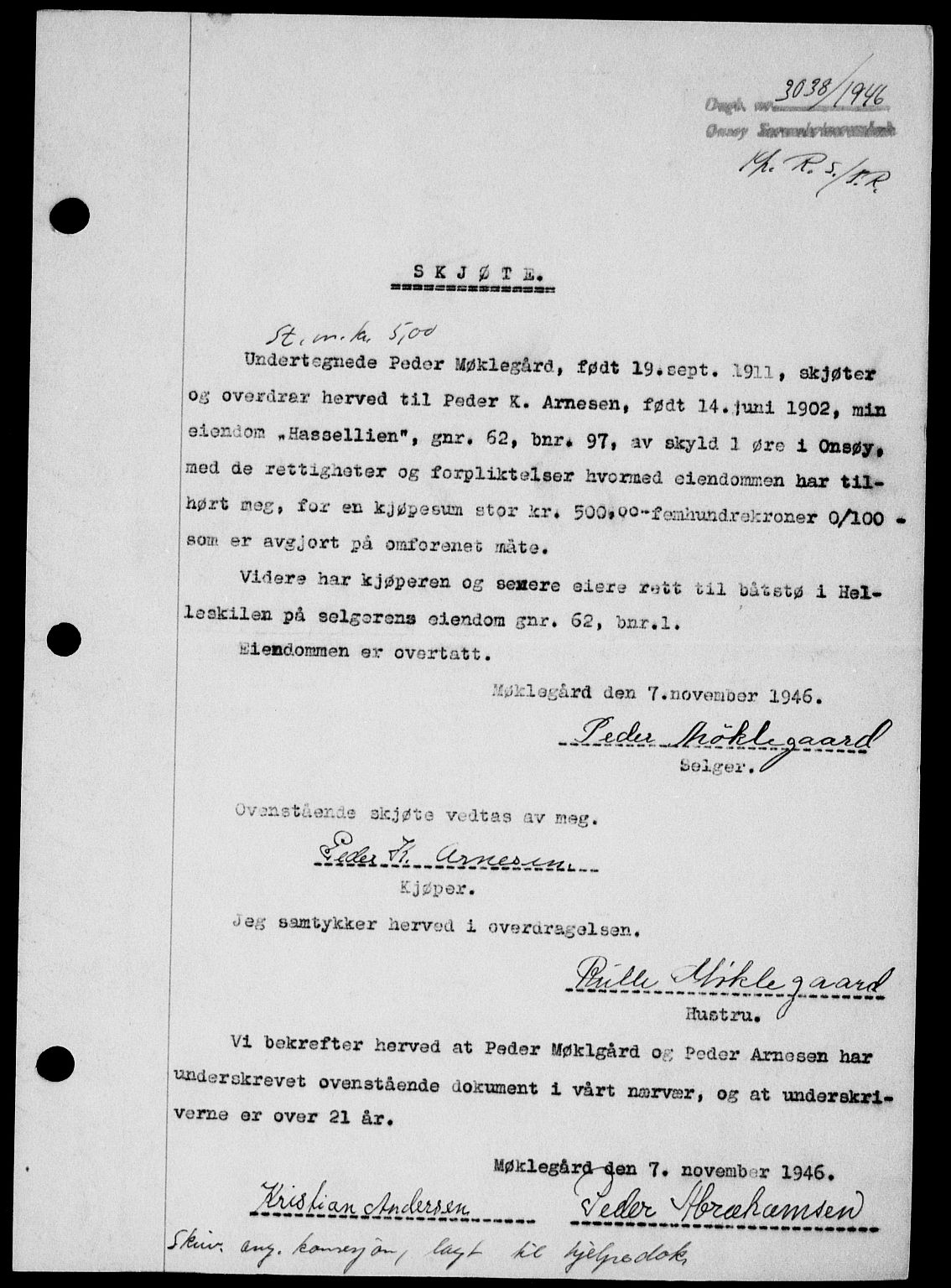 Onsøy sorenskriveri, SAO/A-10474/G/Ga/Gab/L0018: Mortgage book no. II A-18, 1946-1947, Diary no: : 3038/1946