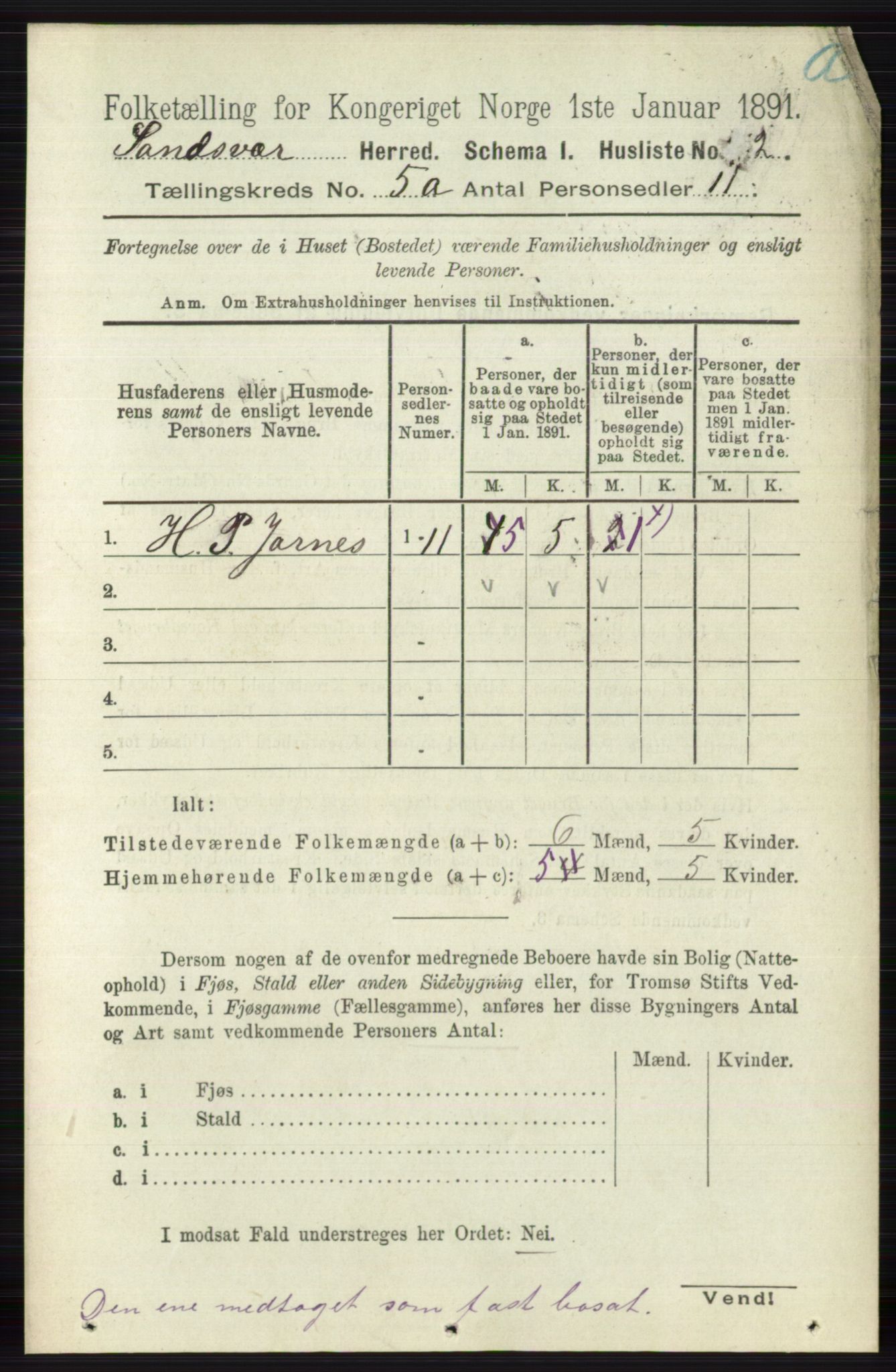 RA, 1891 census for 0629 Sandsvær, 1891, p. 2443