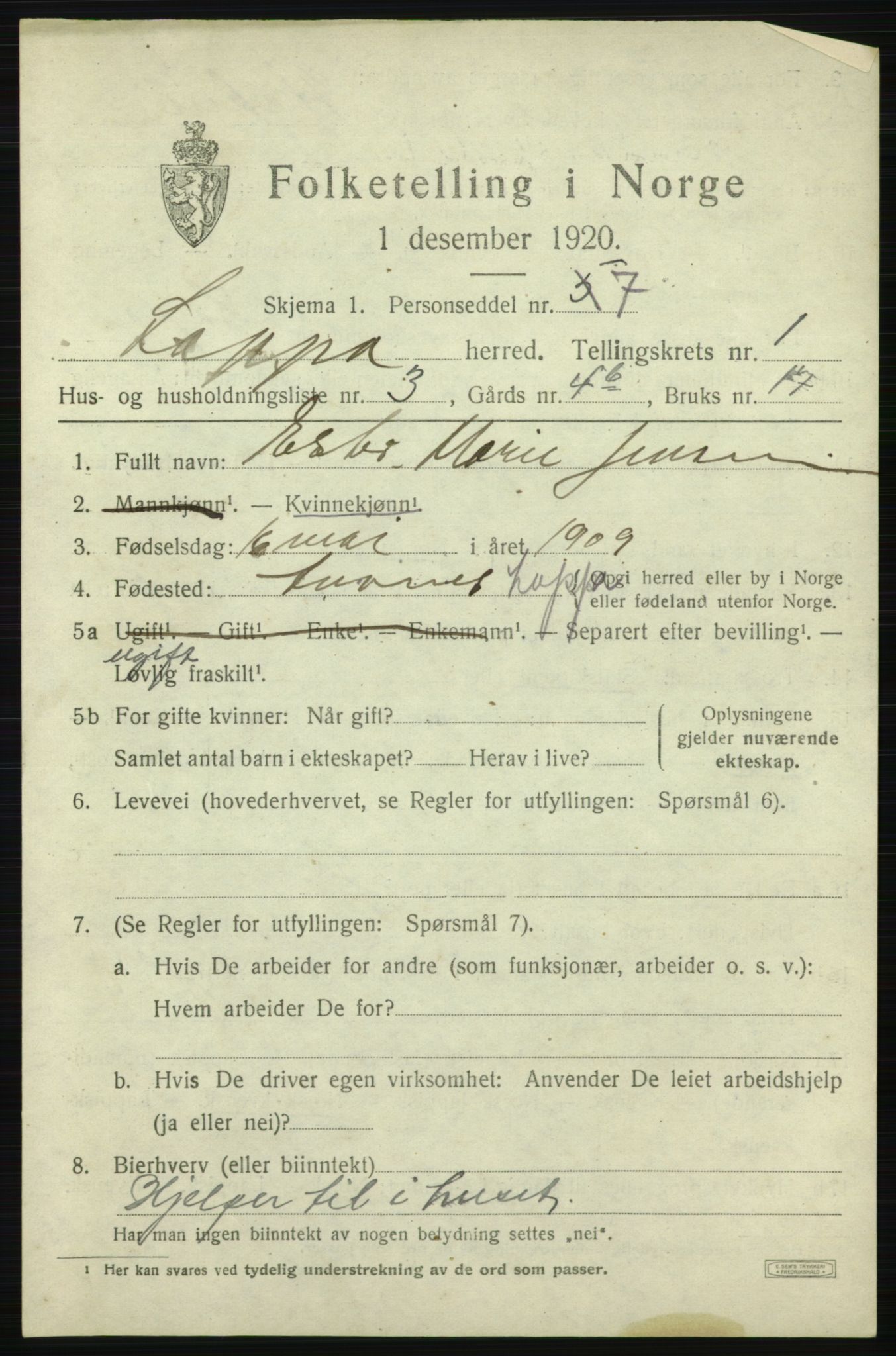 SATØ, 1920 census for Loppa, 1920, p. 656