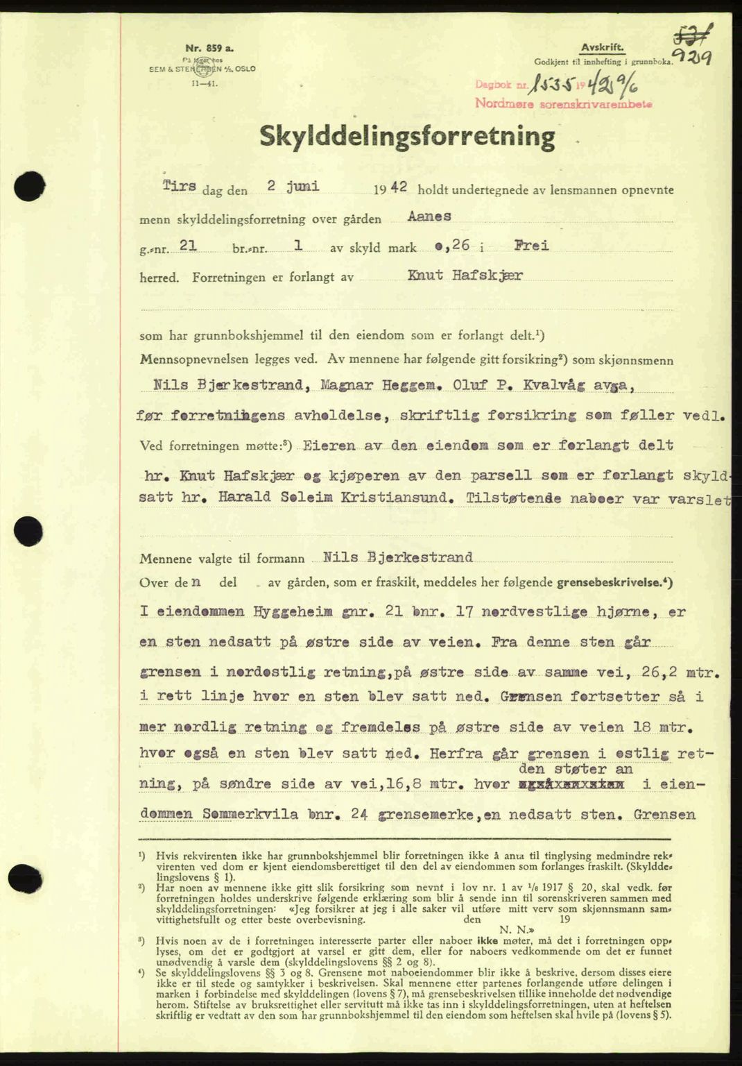 Nordmøre sorenskriveri, AV/SAT-A-4132/1/2/2Ca: Mortgage book no. A92, 1942-1942, Diary no: : 1535/1942