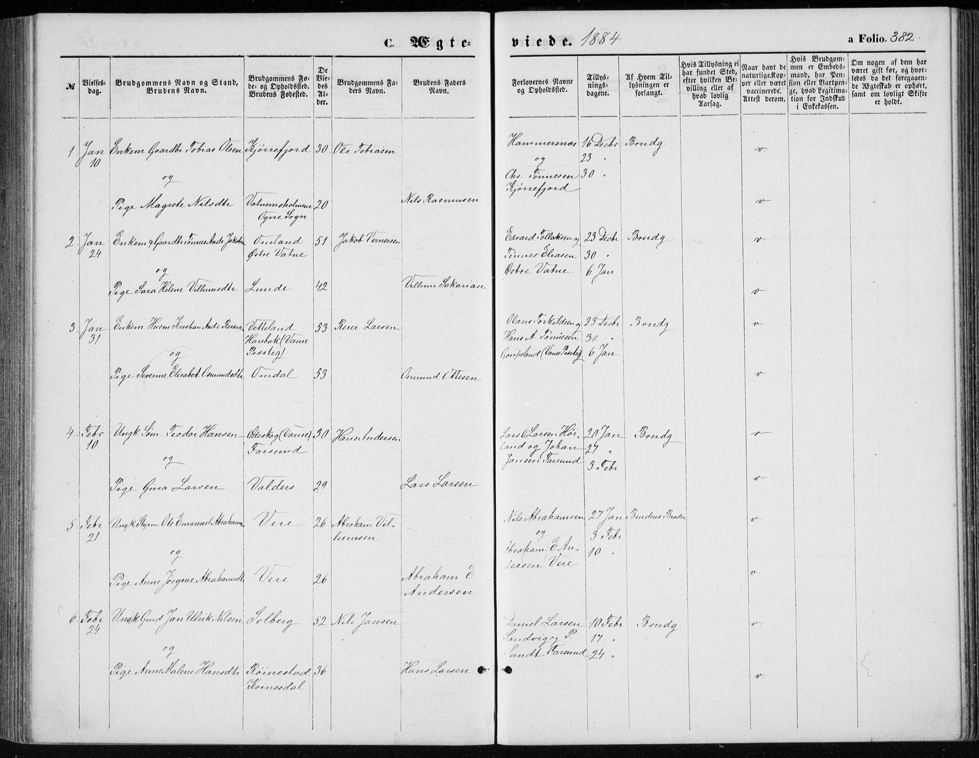 Lista sokneprestkontor, AV/SAK-1111-0027/F/Fb/L0004: Parish register (copy) no. B 4, 1877-1891, p. 382