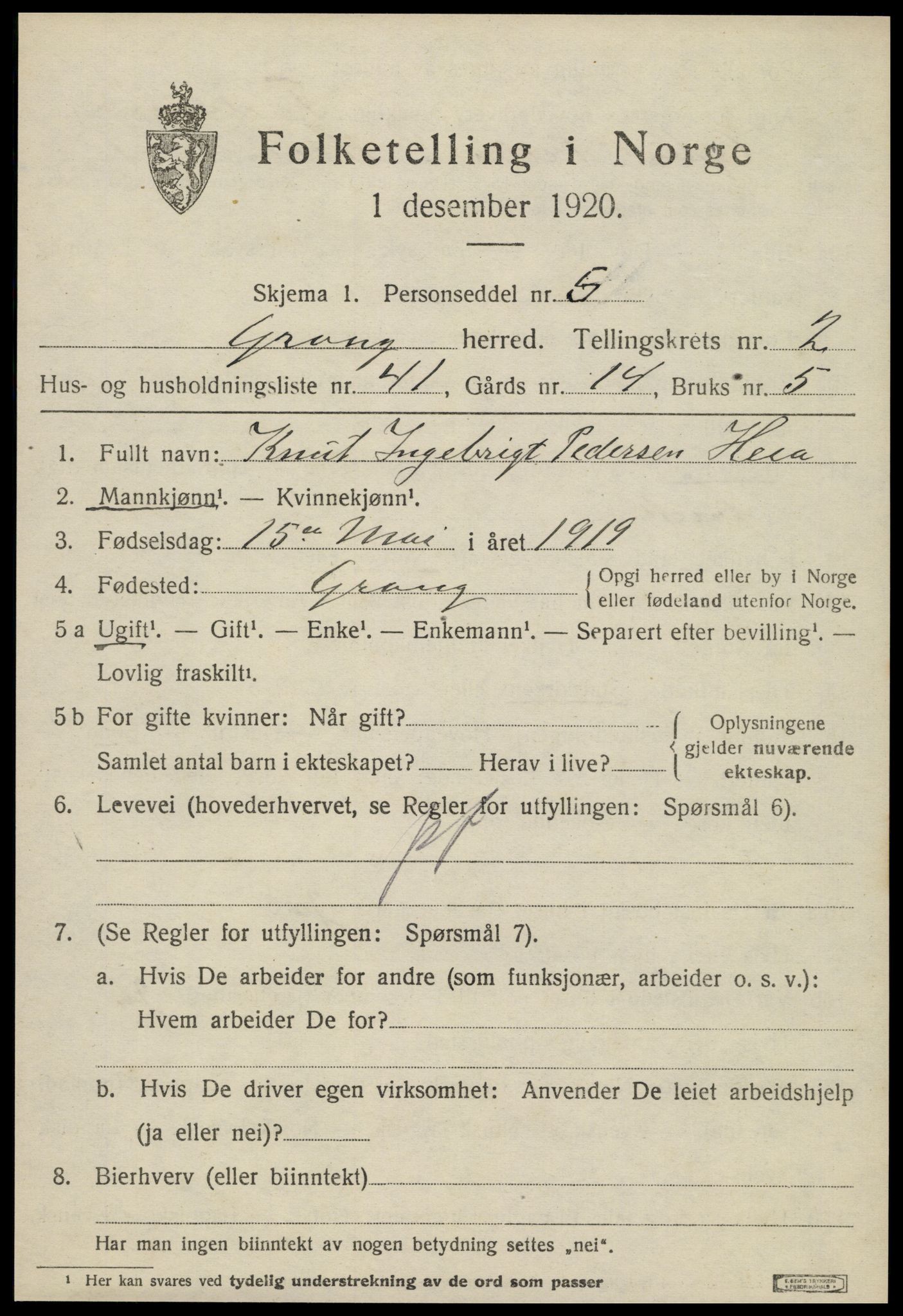 SAT, 1920 census for Grong, 1920, p. 1919