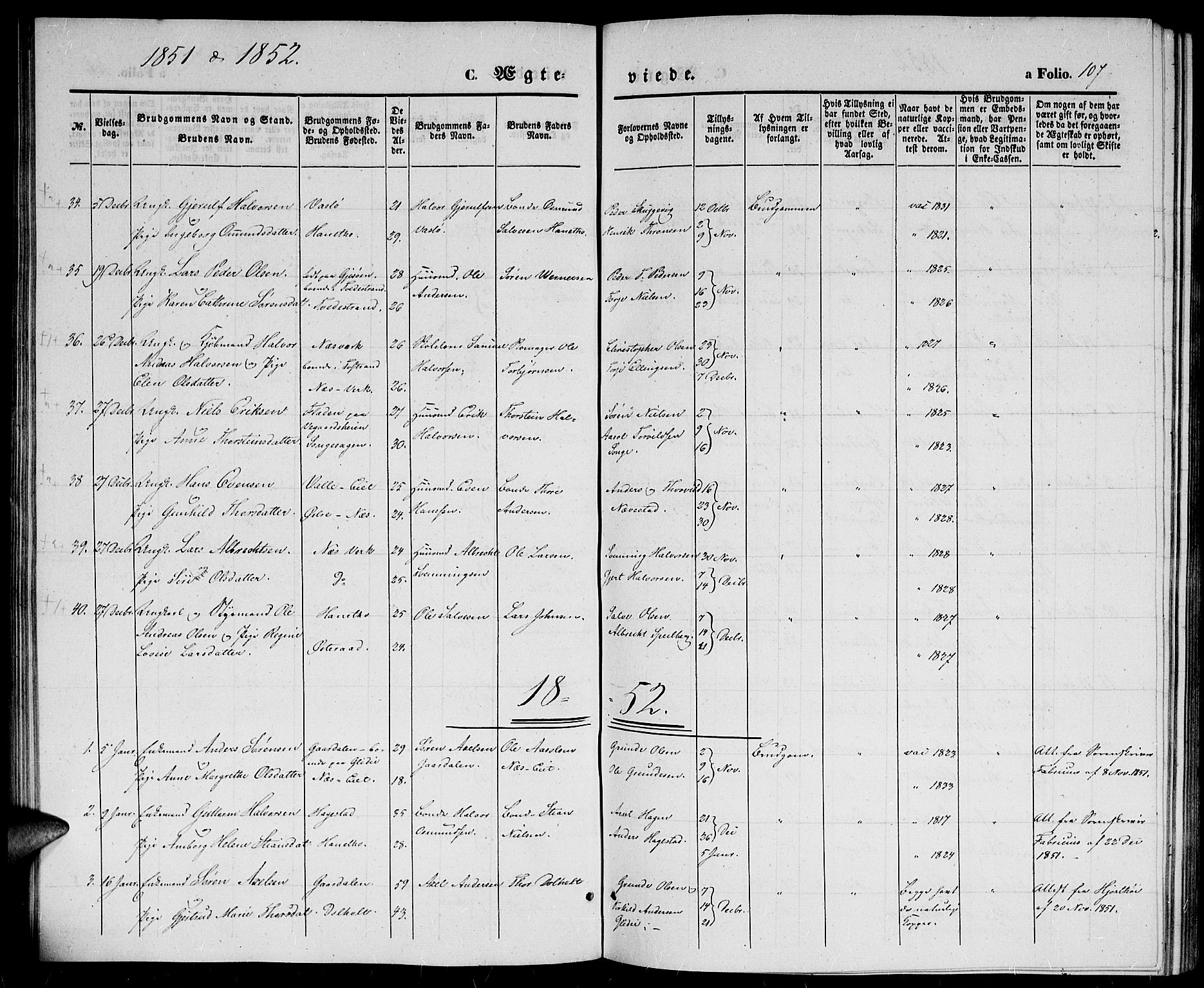 Holt sokneprestkontor, AV/SAK-1111-0021/F/Fb/L0007: Parish register (copy) no. B 7, 1849-1858, p. 107