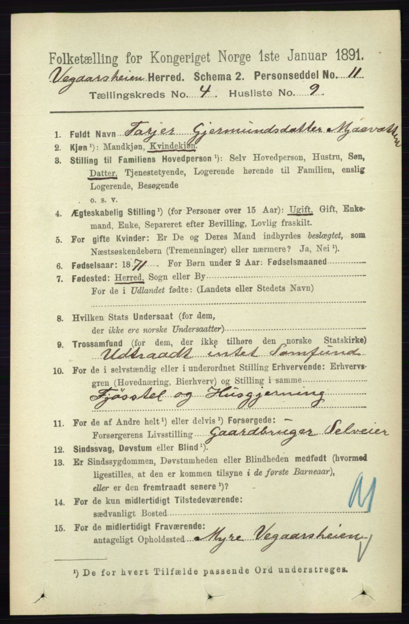 RA, 1891 census for 0912 Vegårshei, 1891, p. 832