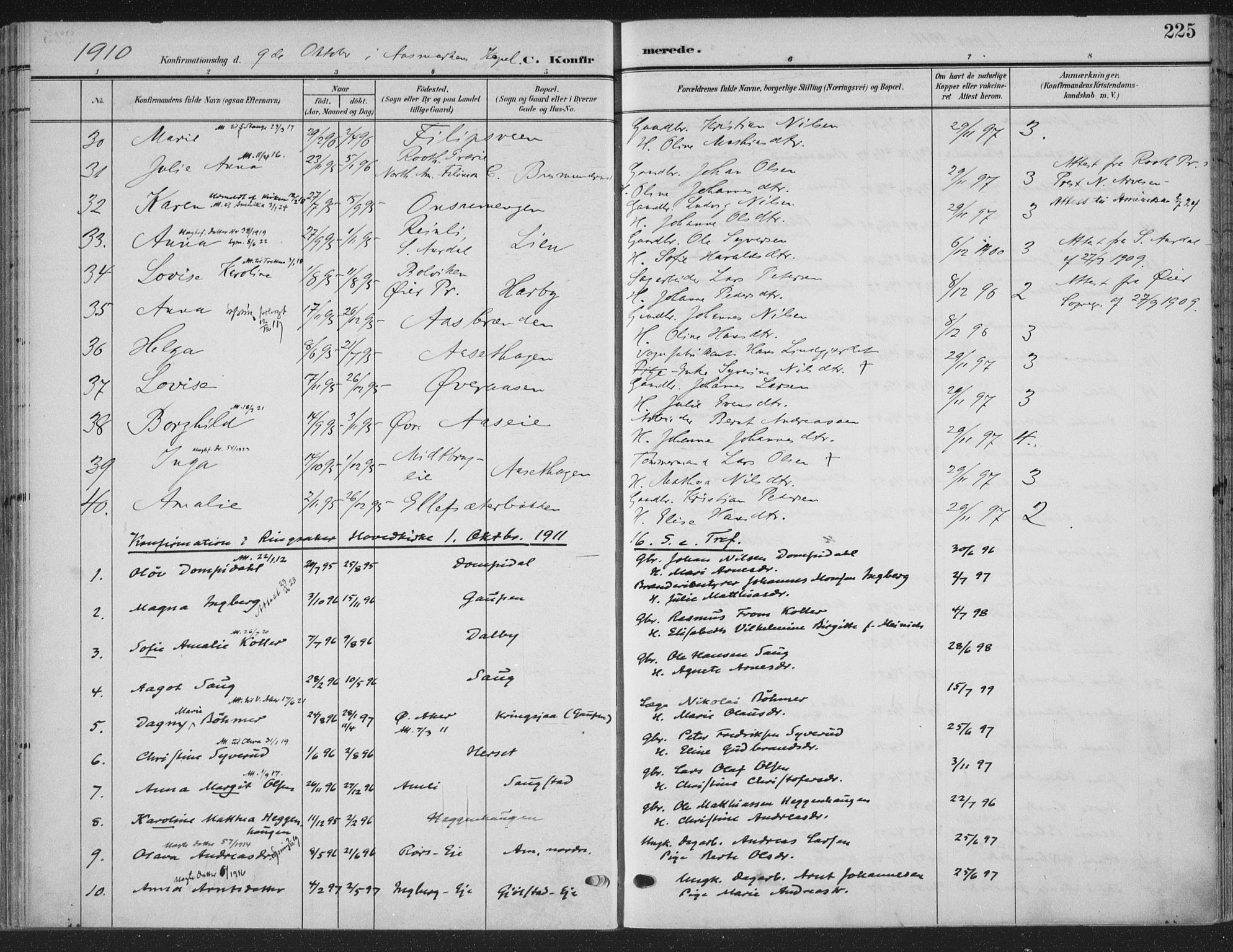 Ringsaker prestekontor, SAH/PREST-014/K/Ka/L0018: Parish register (official) no. 18, 1903-1912, p. 225