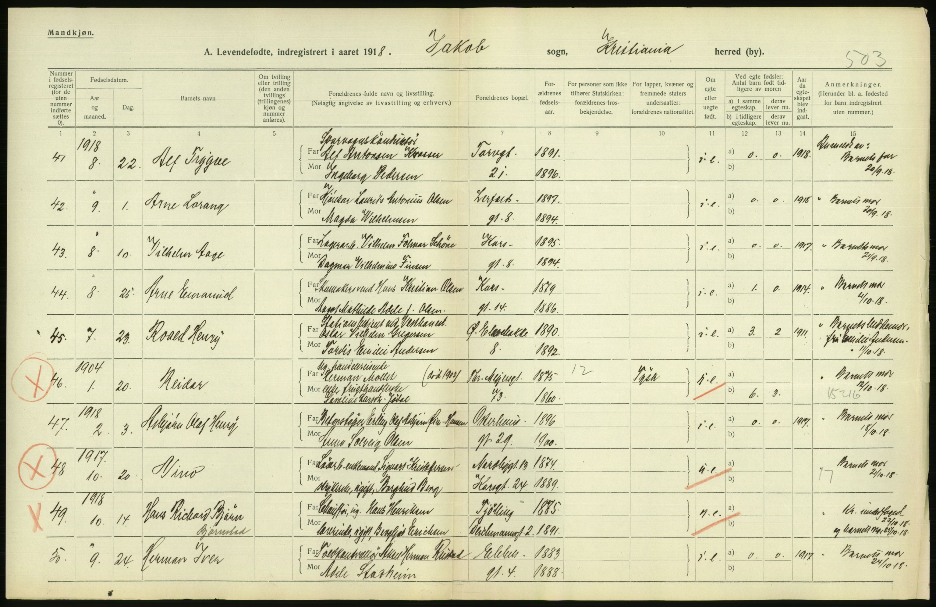 Statistisk sentralbyrå, Sosiodemografiske emner, Befolkning, AV/RA-S-2228/D/Df/Dfb/Dfbh/L0008: Kristiania: Levendefødte menn og kvinner., 1918, p. 710