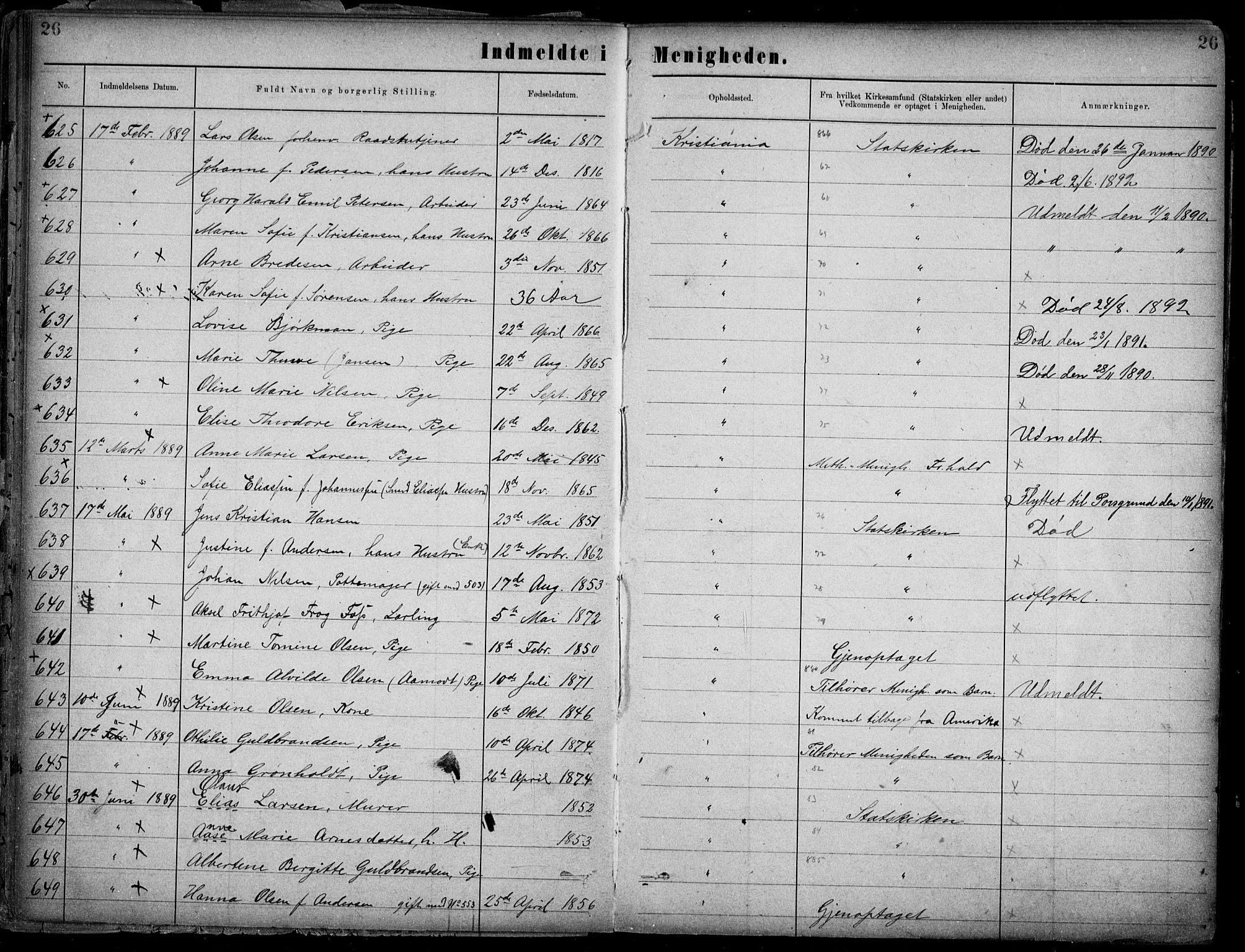 Første Metodistkirke Oslo -  menighetsprotokoller, SAO/PAO-0067/F/L0002: Dissenter register no. 2, 1883-1892, p. 26