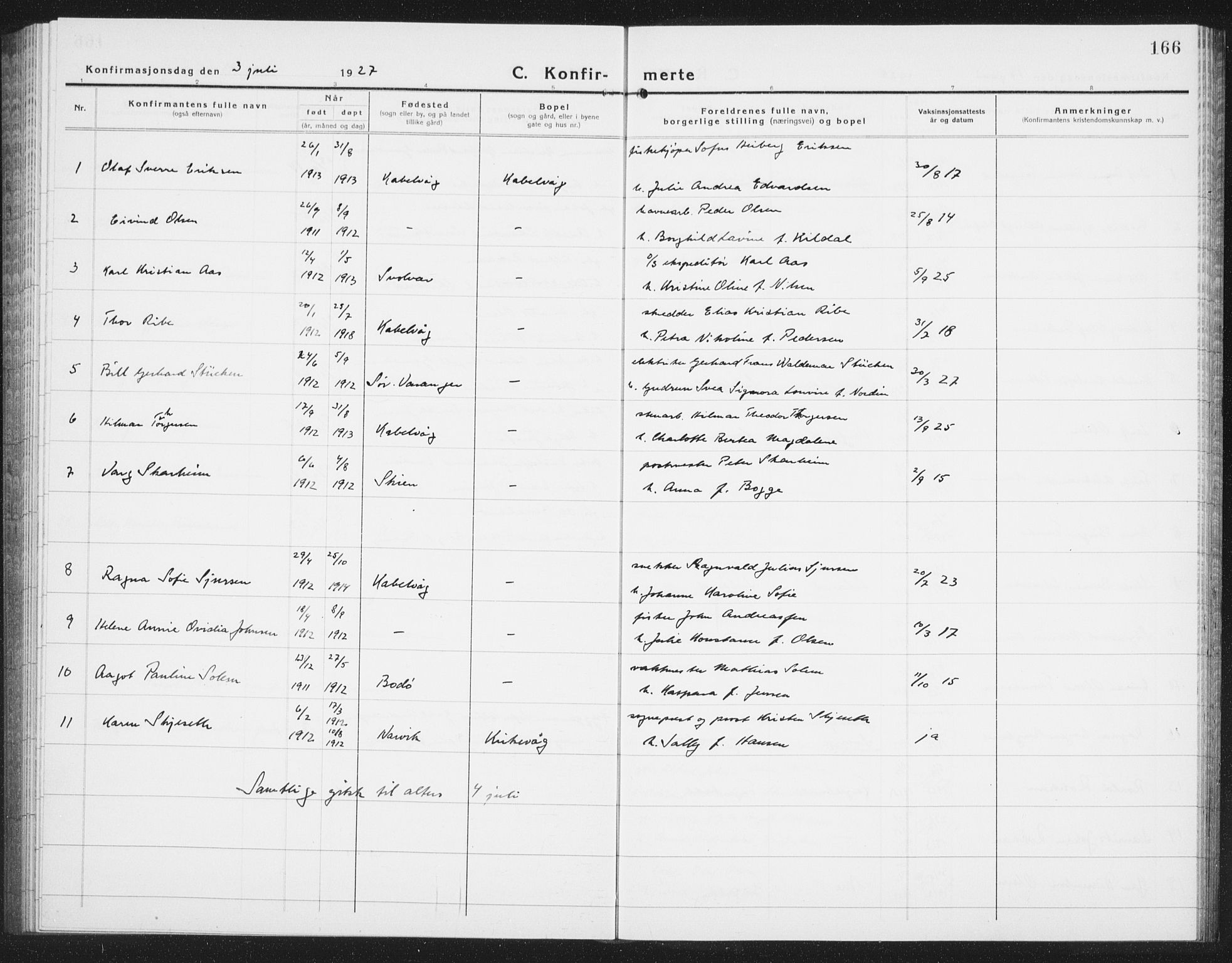 Ministerialprotokoller, klokkerbøker og fødselsregistre - Nordland, SAT/A-1459/874/L1081: Parish register (copy) no. 874C10, 1925-1941, p. 166